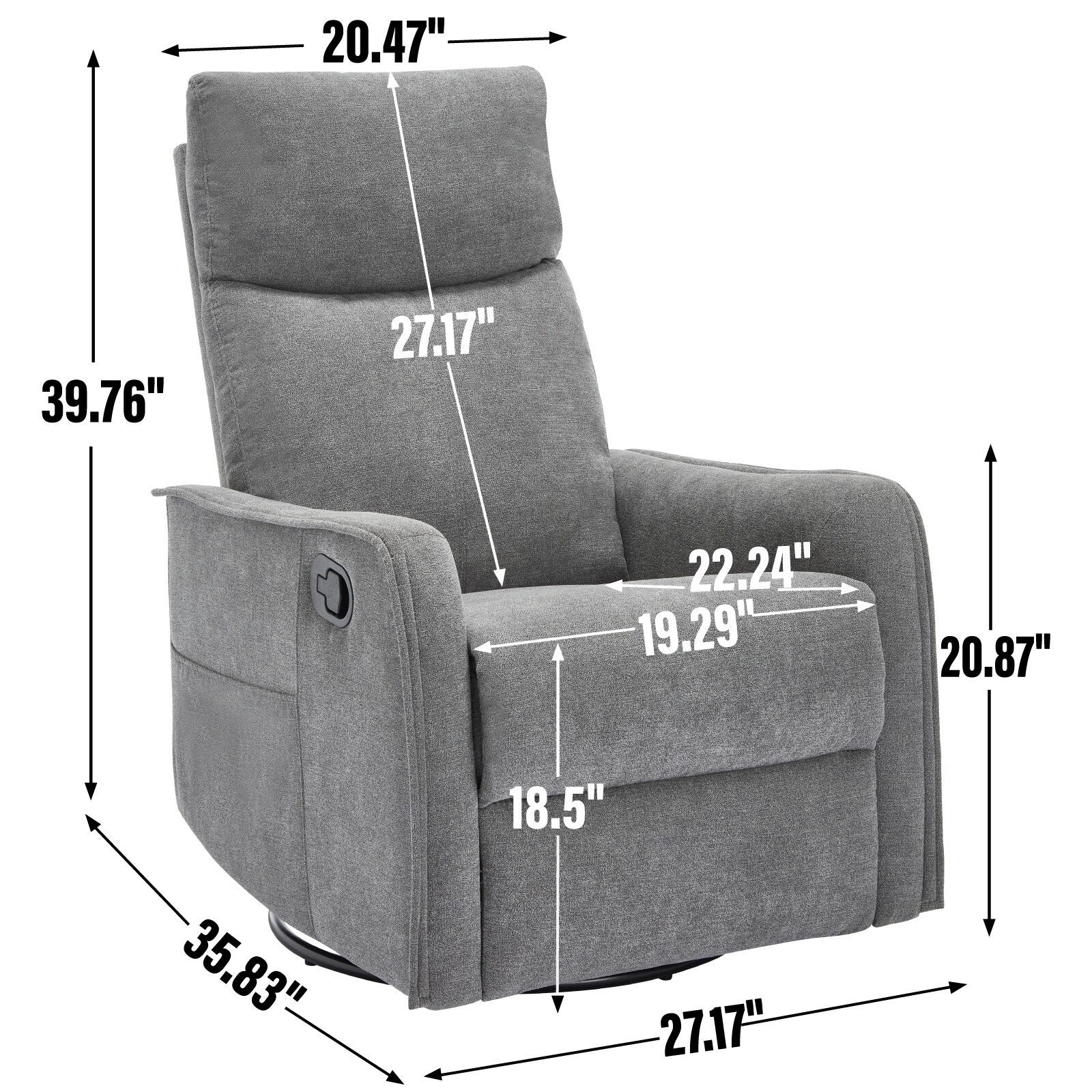 Fauteuil inclinable manuel à 8 points de massage, fauteuil à bascule pivotant en tissu, fauteuil simple avec bascule et chauffage lombaire