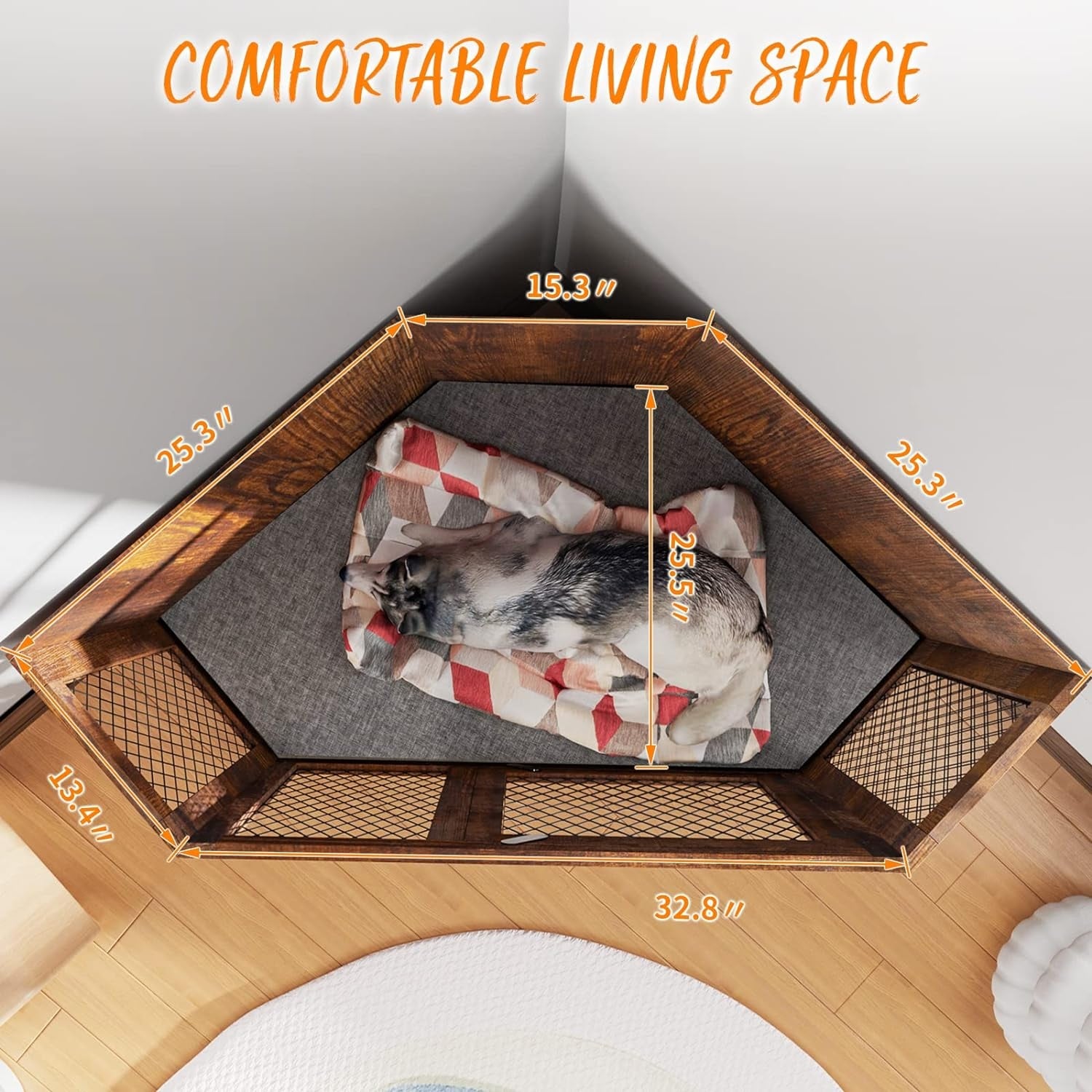 Niche d'angle pour chien Bossin, niche en bois de 44/52 pouces avec filet, niche décorative en bois pour chien, idéale pour l'intérieur