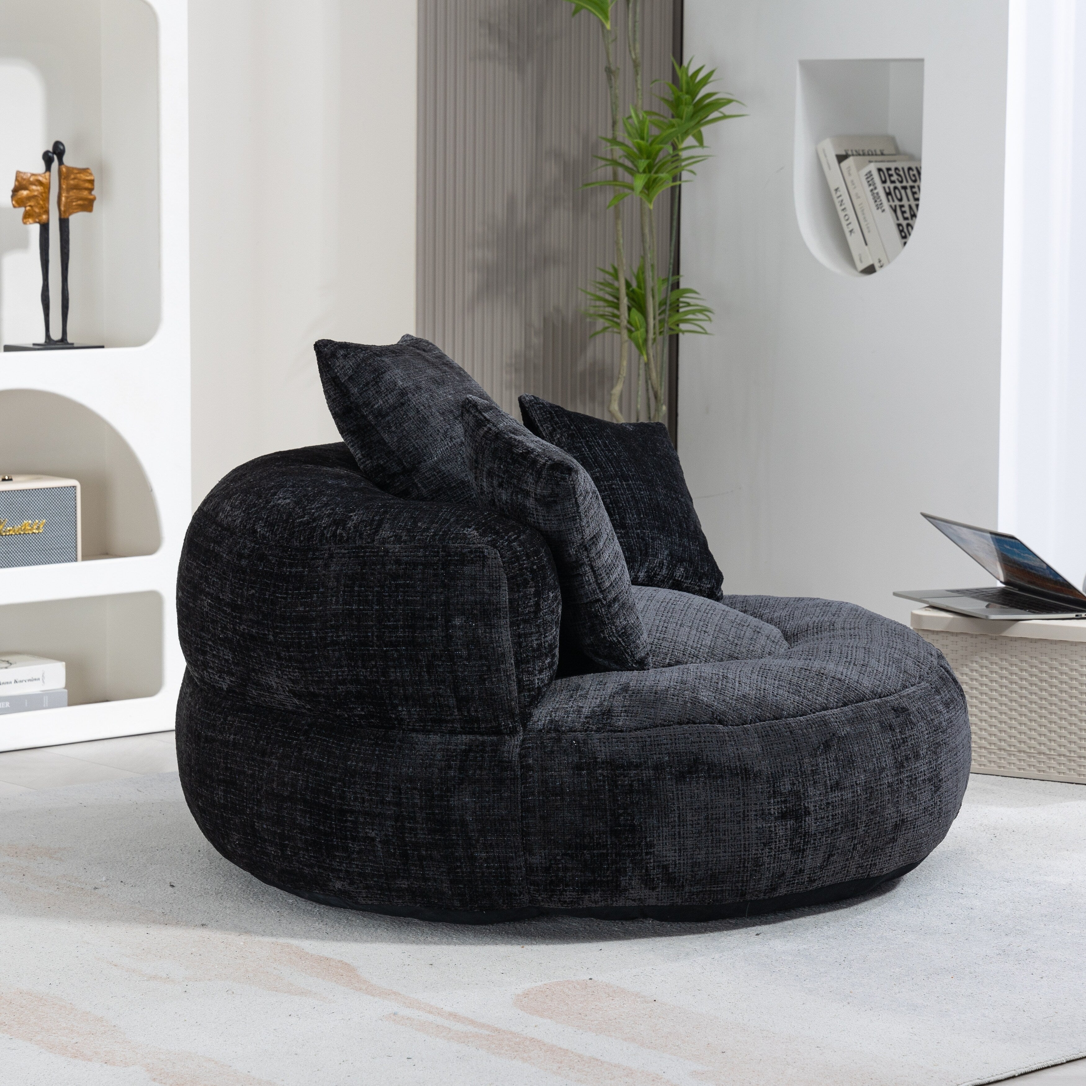 Pouf simple surdimensionné en chenille noir de 42,52 pouces avec trois oreillers pour chambre à coucher