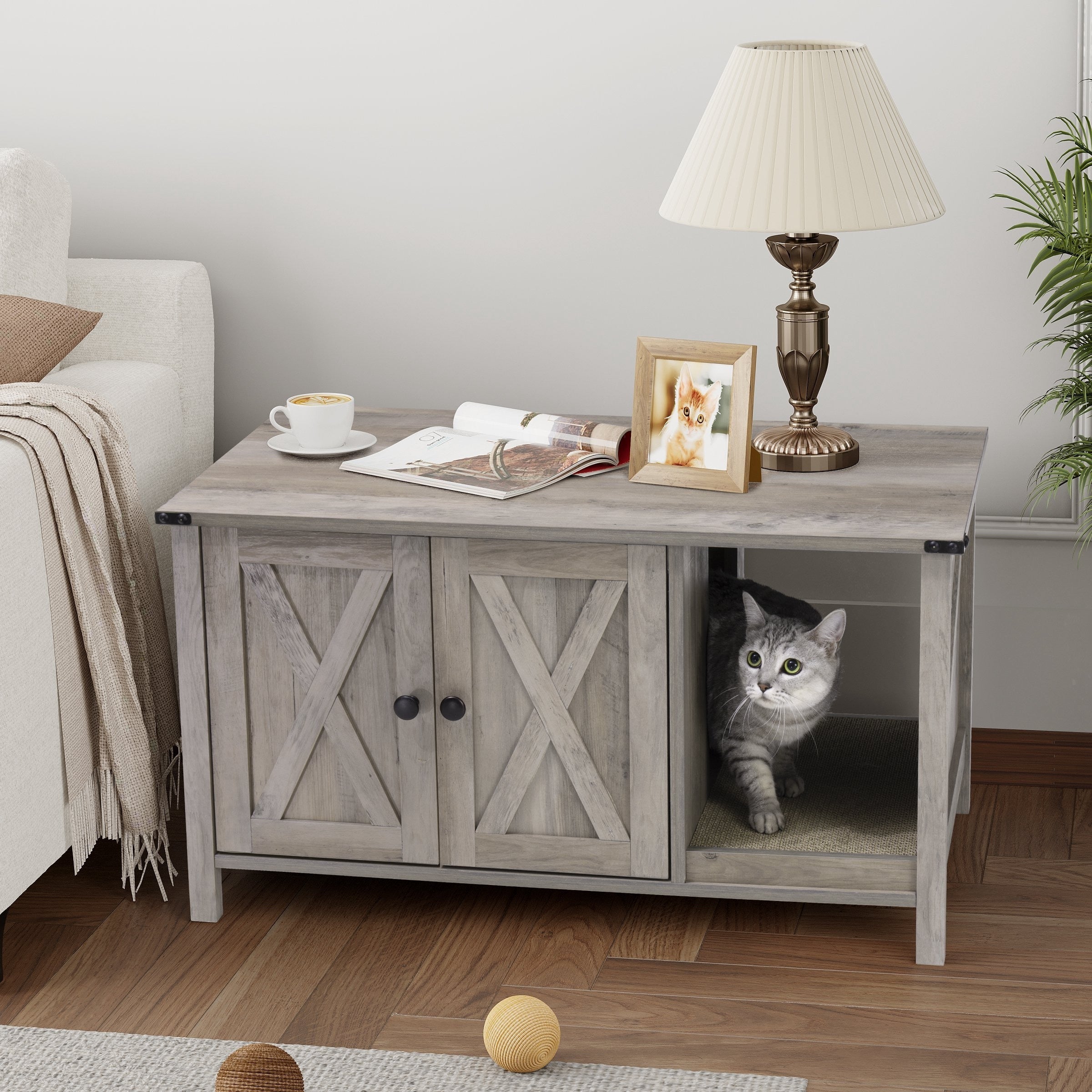 Enceinte de bac à litière pour chat, meuble de toilette en bois caché avec griffoir