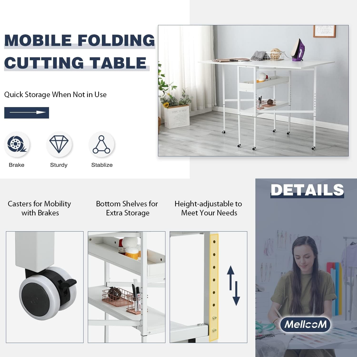 Table de bricolage réglable en hauteur avec étagères de rangement, table de découpe pliante mobile pour la maison, le bureau, la salle de couture, la salle d'artisanat