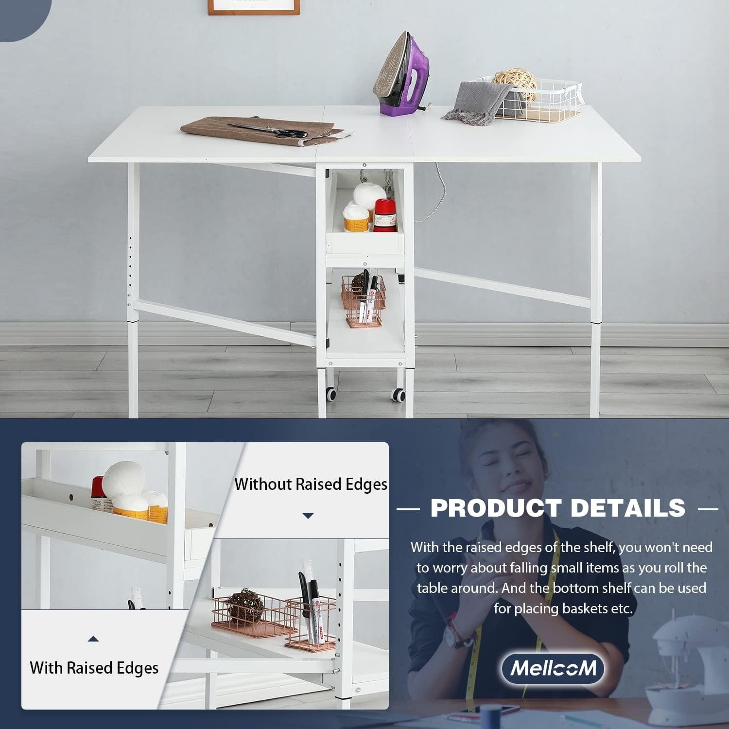 Table de bricolage réglable en hauteur avec étagères de rangement, table de découpe pliante mobile pour la maison, le bureau, la salle de couture, la salle d'artisanat