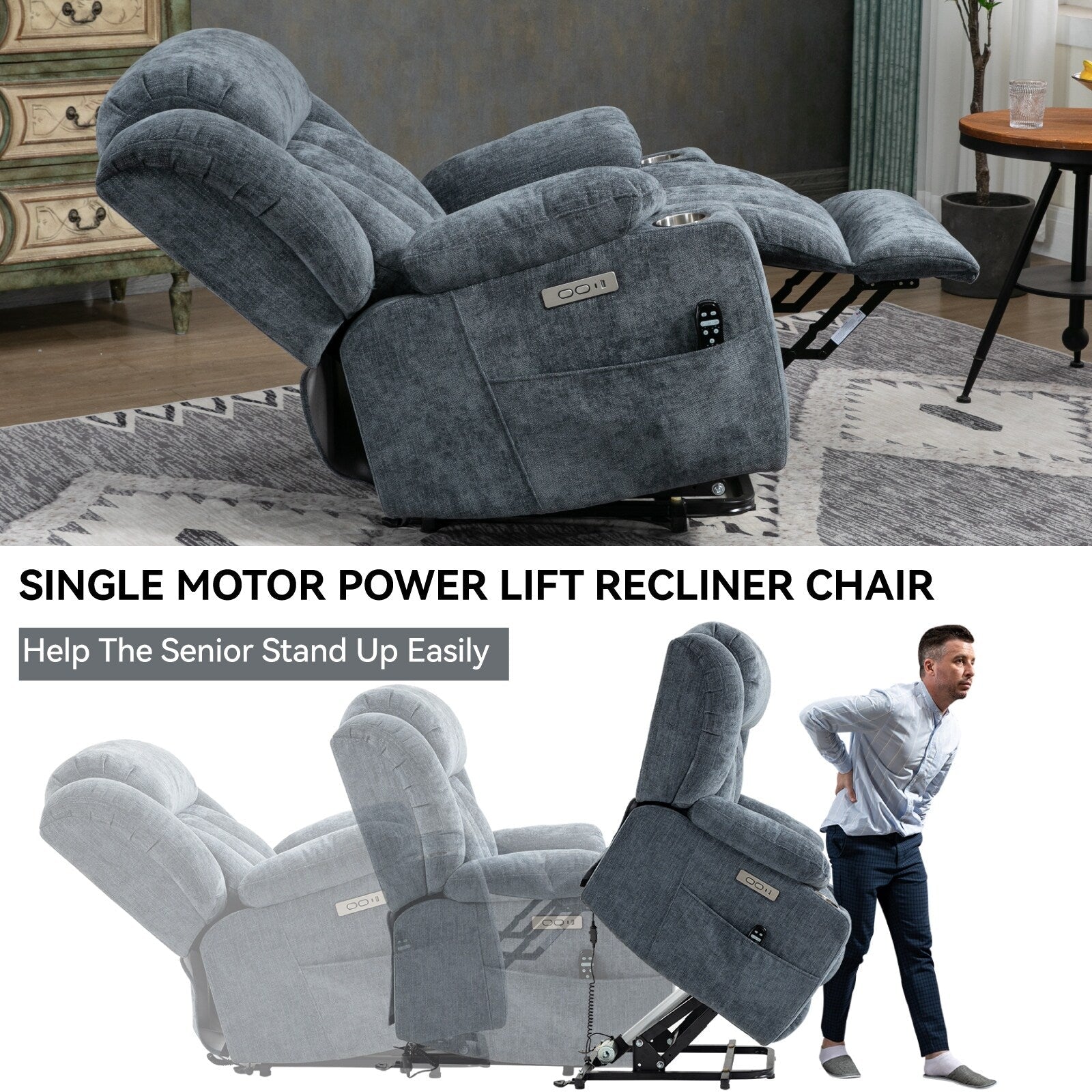 Fauteuil inclinable électrique en chenille grise avec massage, chauffage lombaire, ports USB et Type-C et porte-gobelets en acier inoxydable