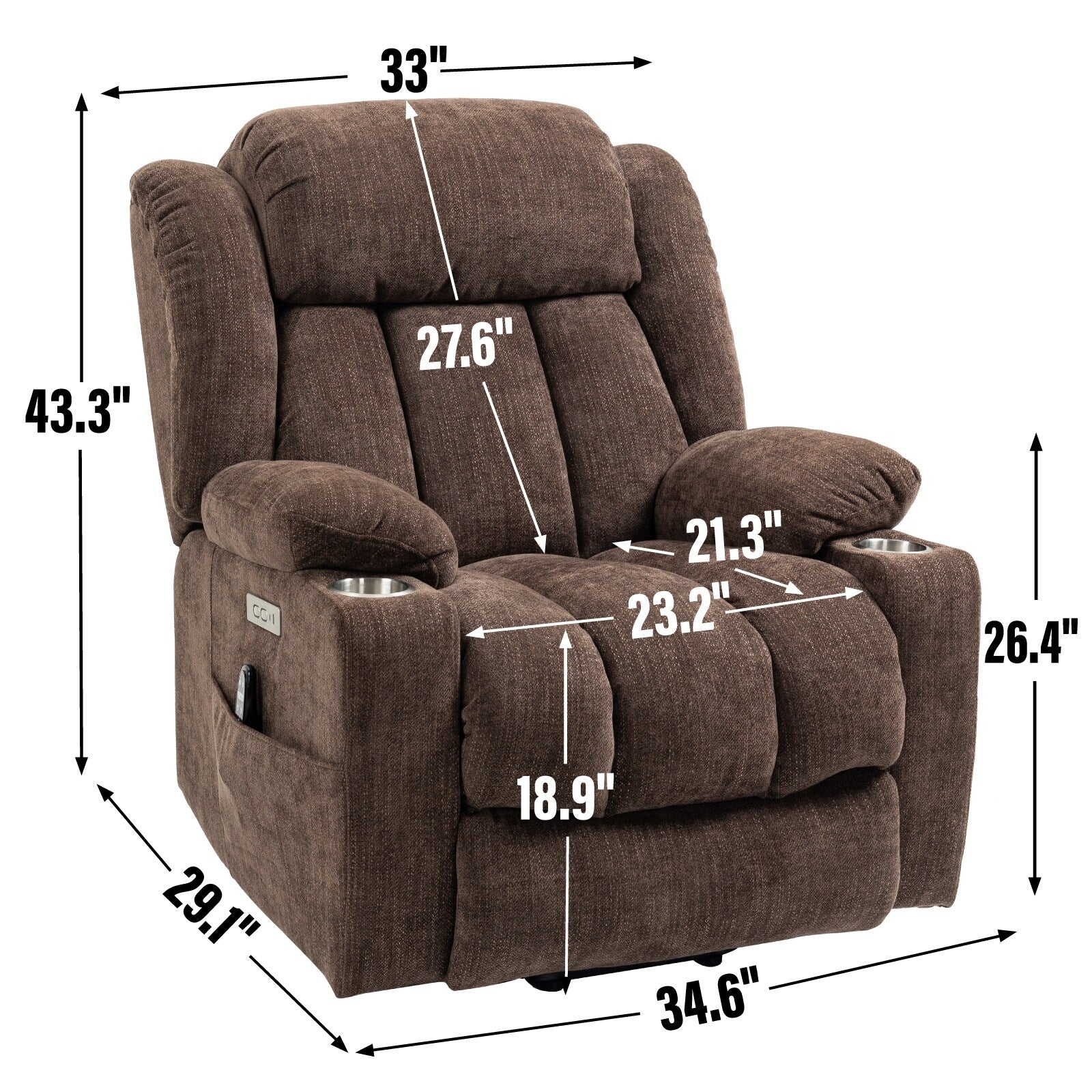 Fauteuil inclinable électrique en chenille grise avec massage, chauffage lombaire, ports USB et Type-C et porte-gobelets en acier inoxydable