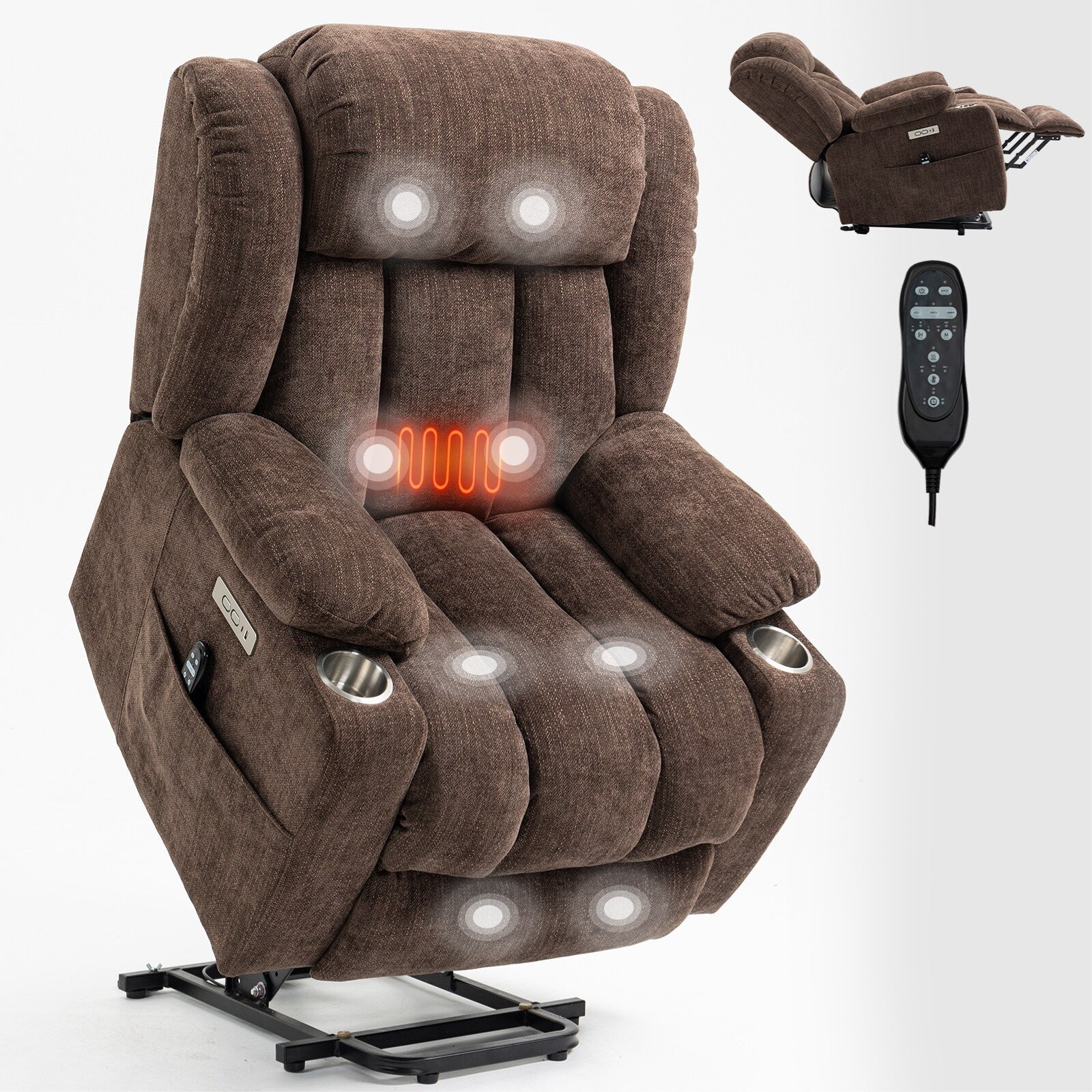 Fauteuil inclinable électrique en chenille grise avec massage, chauffage lombaire, ports USB et Type-C et porte-gobelets en acier inoxydable