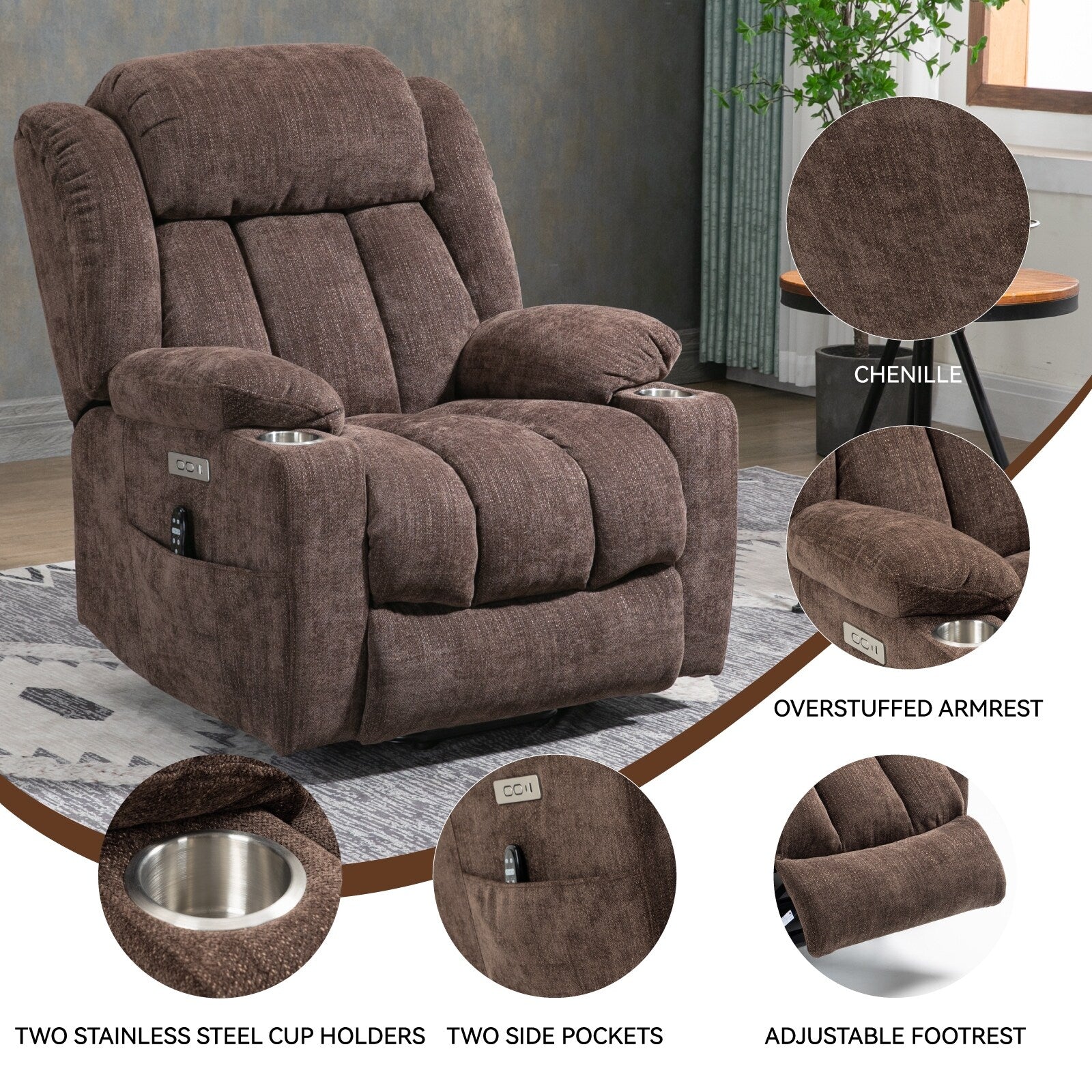Fauteuil inclinable électrique en chenille grise avec massage, chauffage lombaire, ports USB et Type-C et porte-gobelets en acier inoxydable