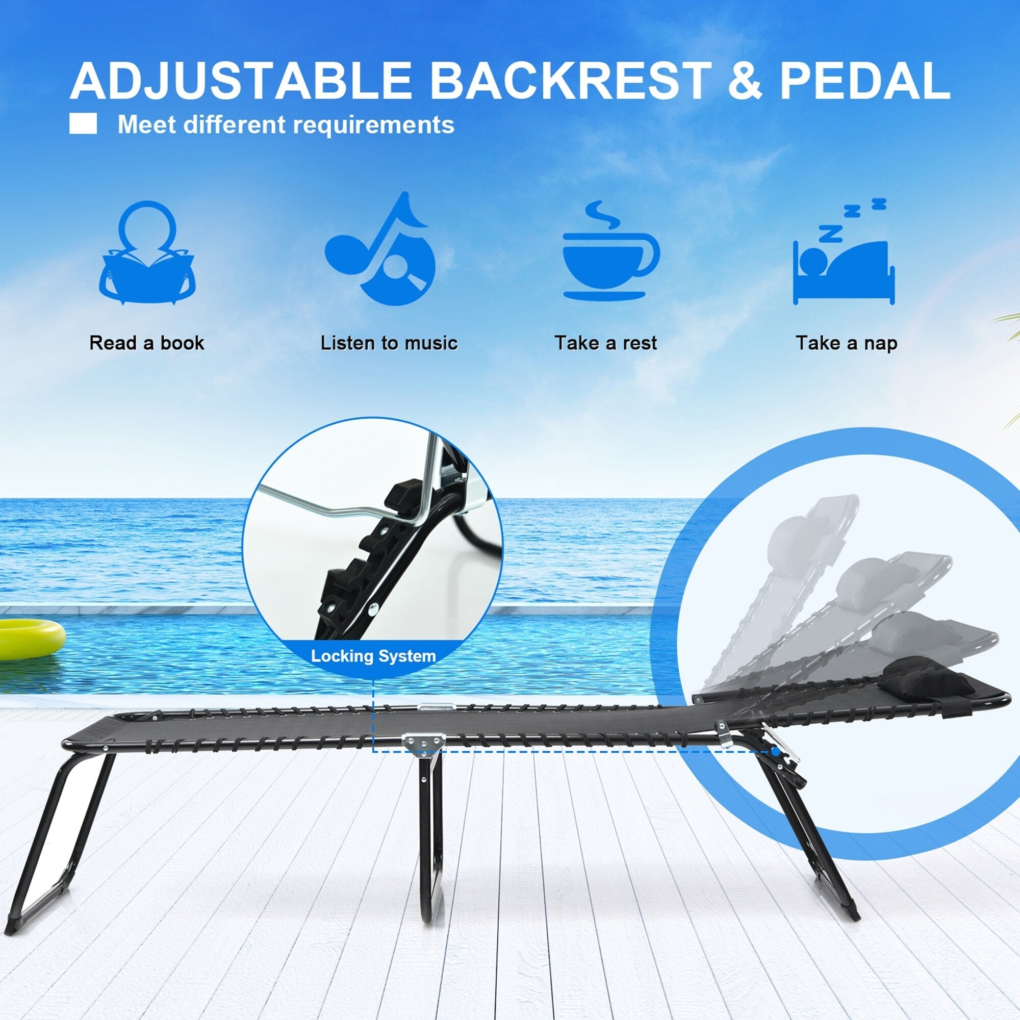 Chaise longue de plage pliante Gymax avec oreiller, 4 niveaux