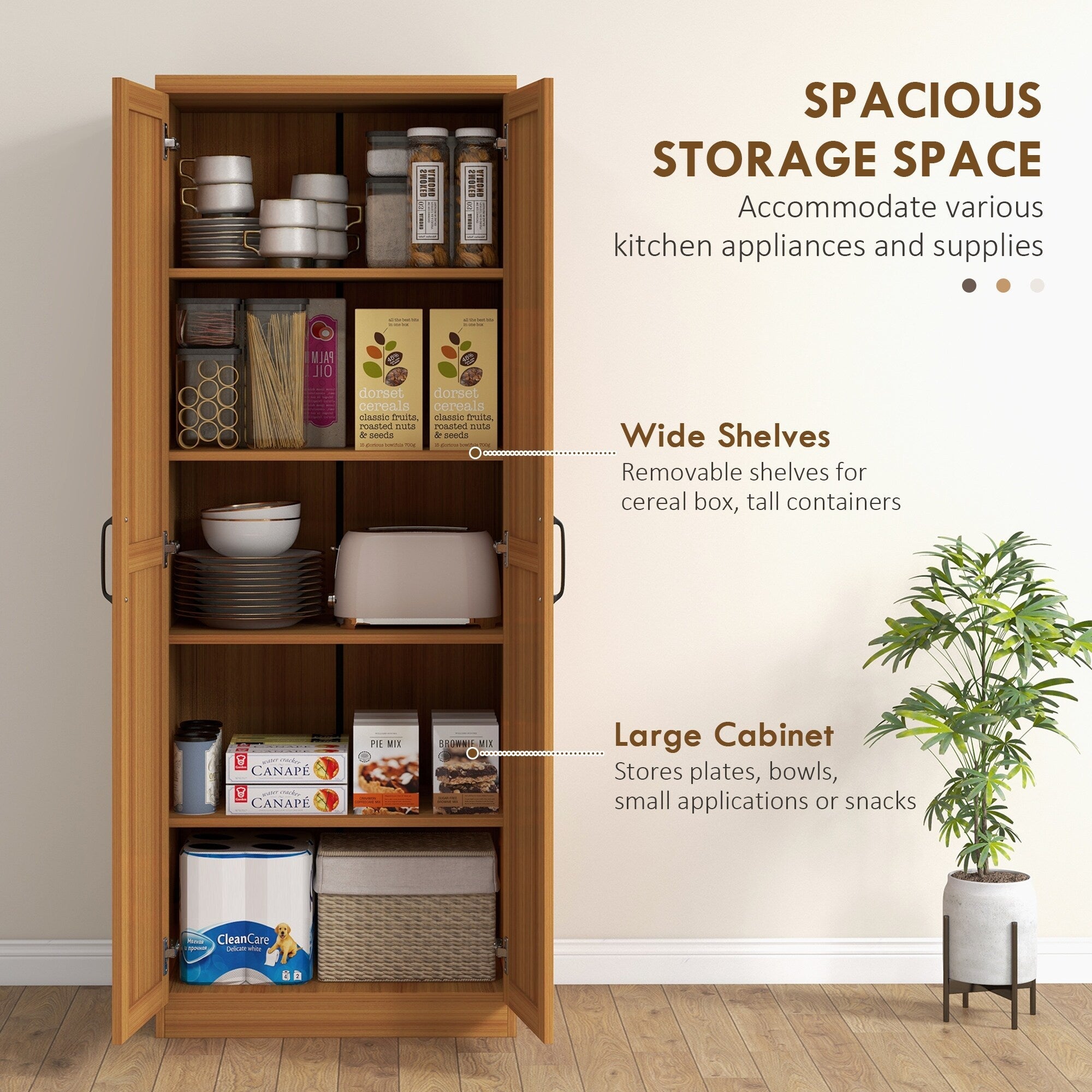 HOMCOM 63 Garde-manger de cuisine à 2 portes, meuble de rangement indépendant avec étagères à 5 niveaux et 2 étagères réglables pour salle à manger