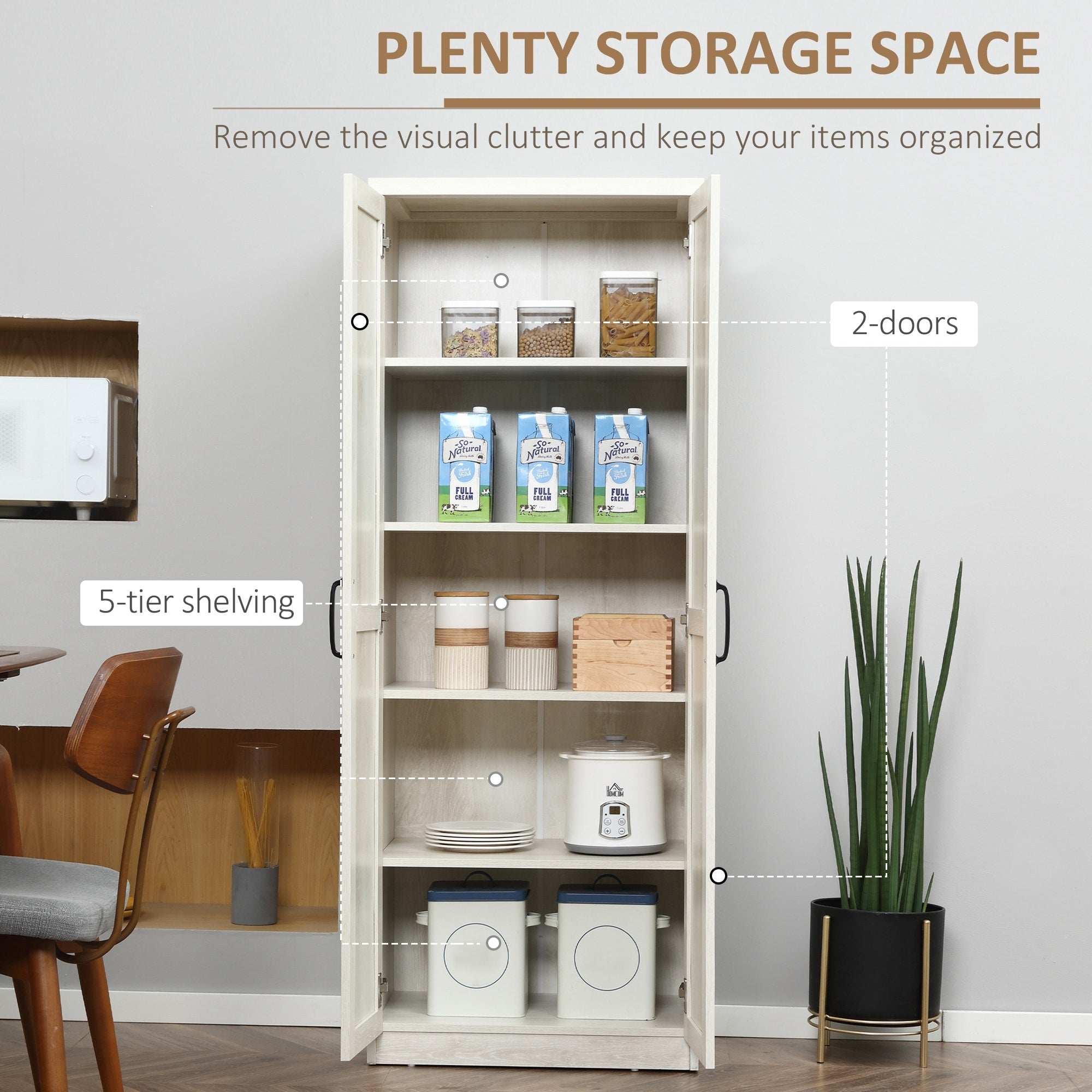 HOMCOM 63 Garde-manger de cuisine à 2 portes, meuble de rangement indépendant avec étagères à 5 niveaux et 2 étagères réglables pour salle à manger