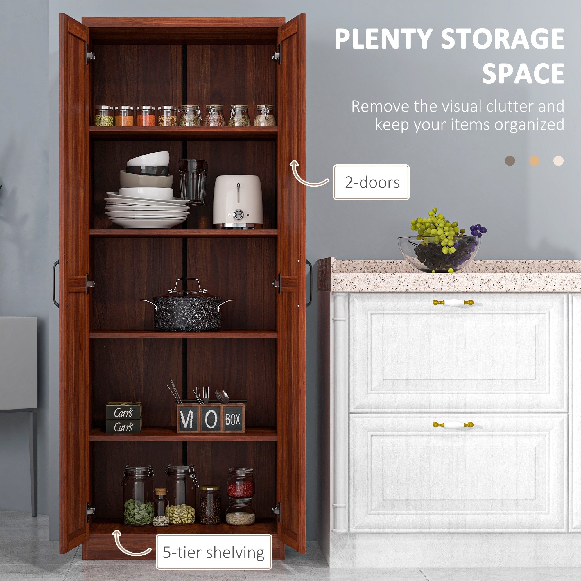HOMCOM 63 Garde-manger de cuisine à 2 portes, meuble de rangement indépendant avec étagères à 5 niveaux et 2 étagères réglables pour salle à manger
