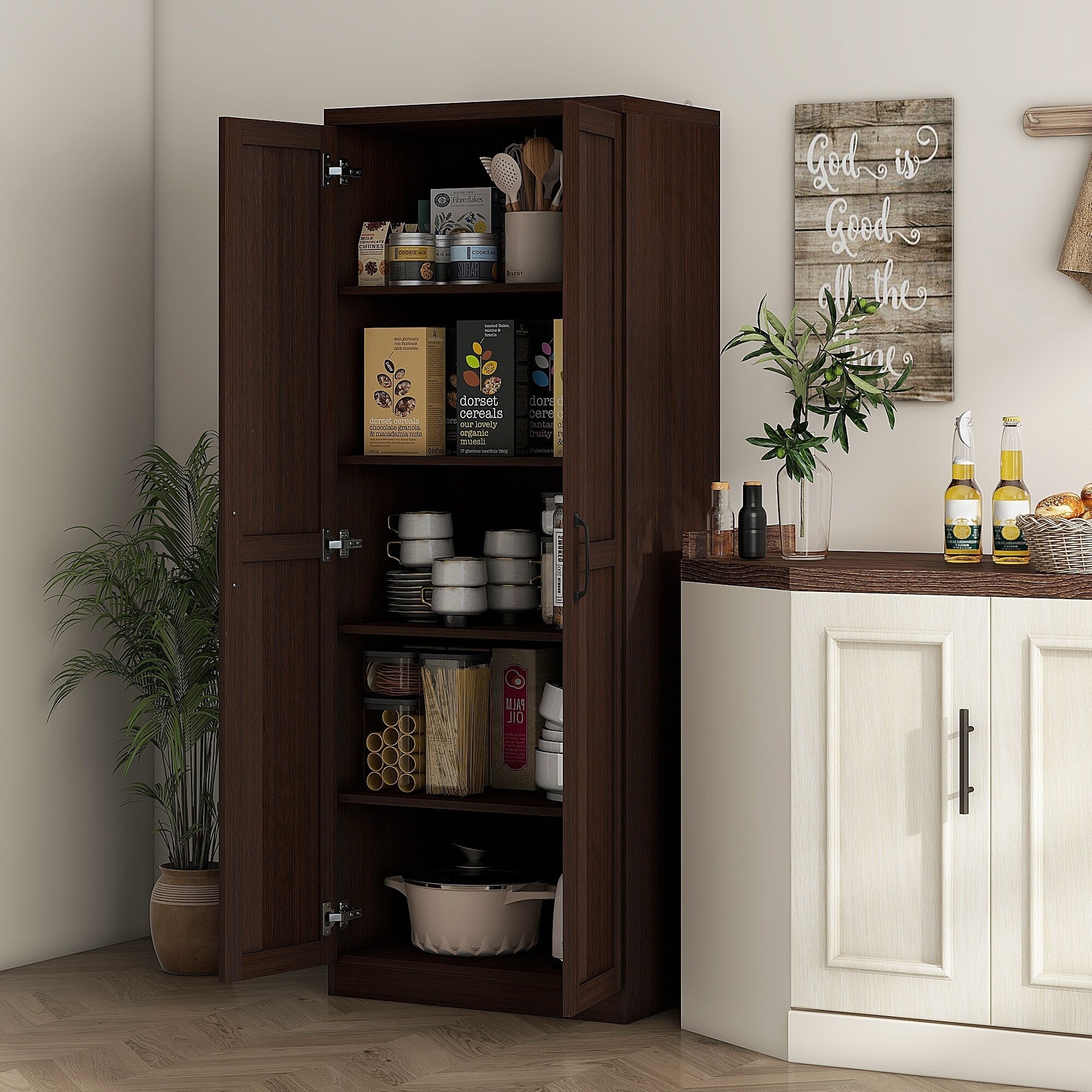 HOMCOM 63 Garde-manger de cuisine à 2 portes, meuble de rangement indépendant avec étagères à 5 niveaux et 2 étagères réglables pour salle à manger