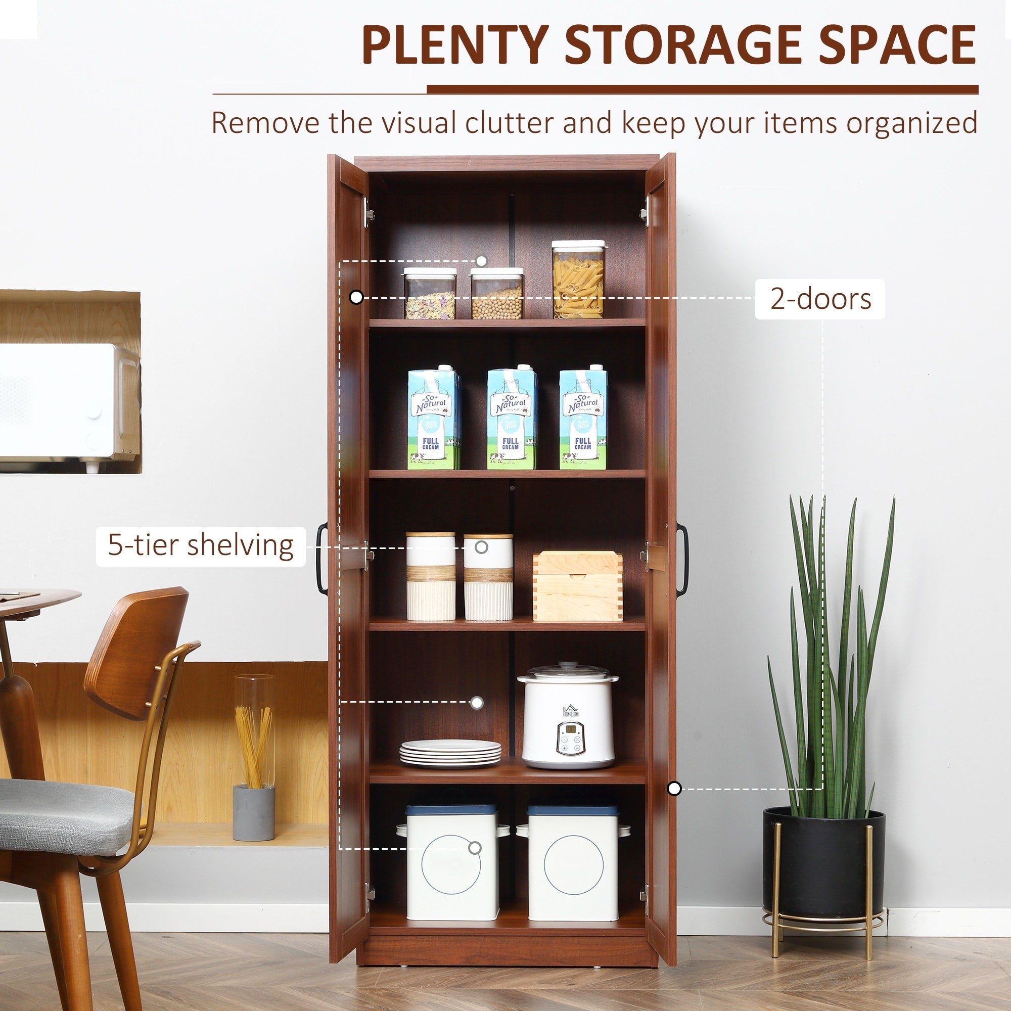 HOMCOM 63 Garde-manger de cuisine à 2 portes, meuble de rangement indépendant avec étagères à 5 niveaux et 2 étagères réglables pour salle à manger