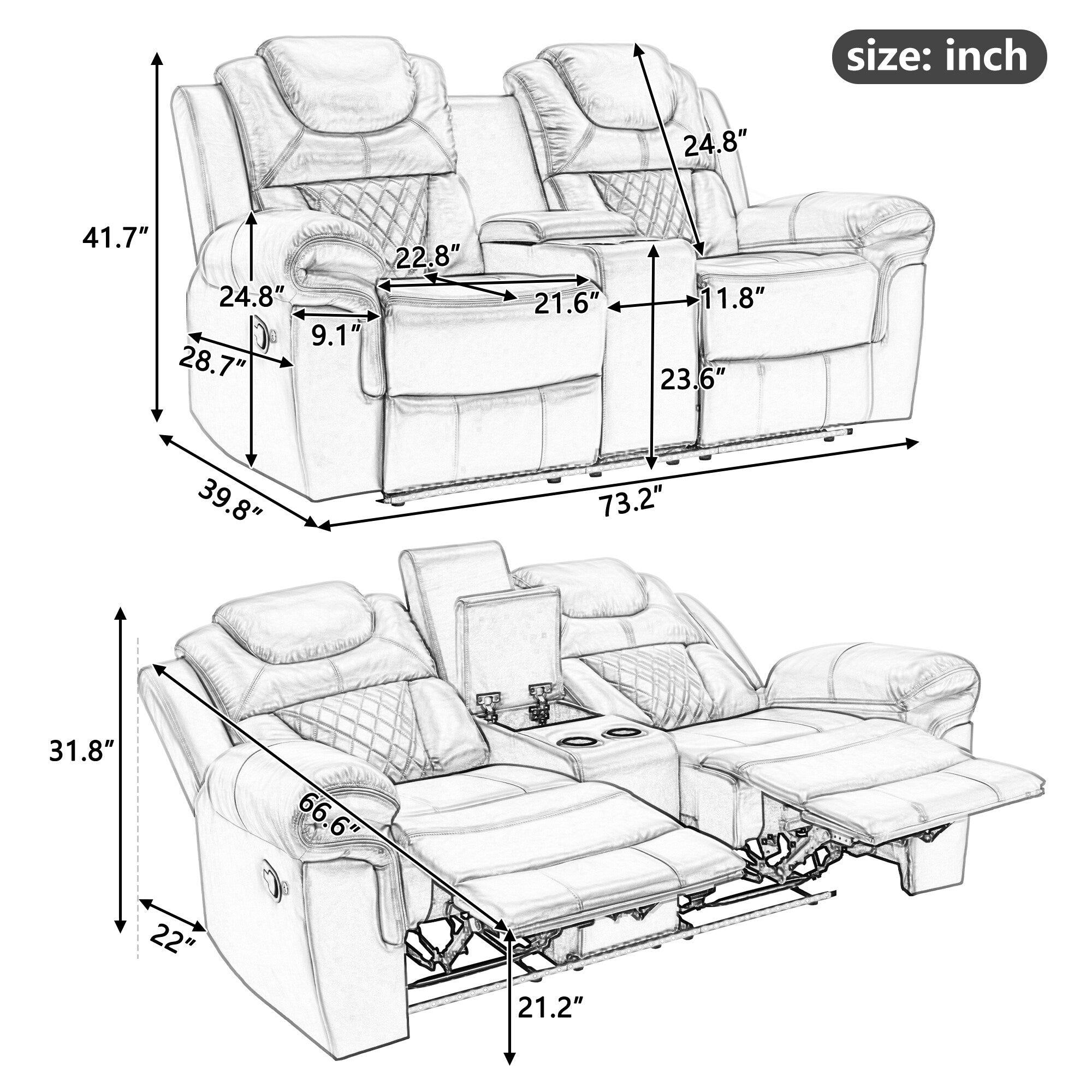 Fauteuil inclinable manuel pour cinéma maison avec rangement escamotable