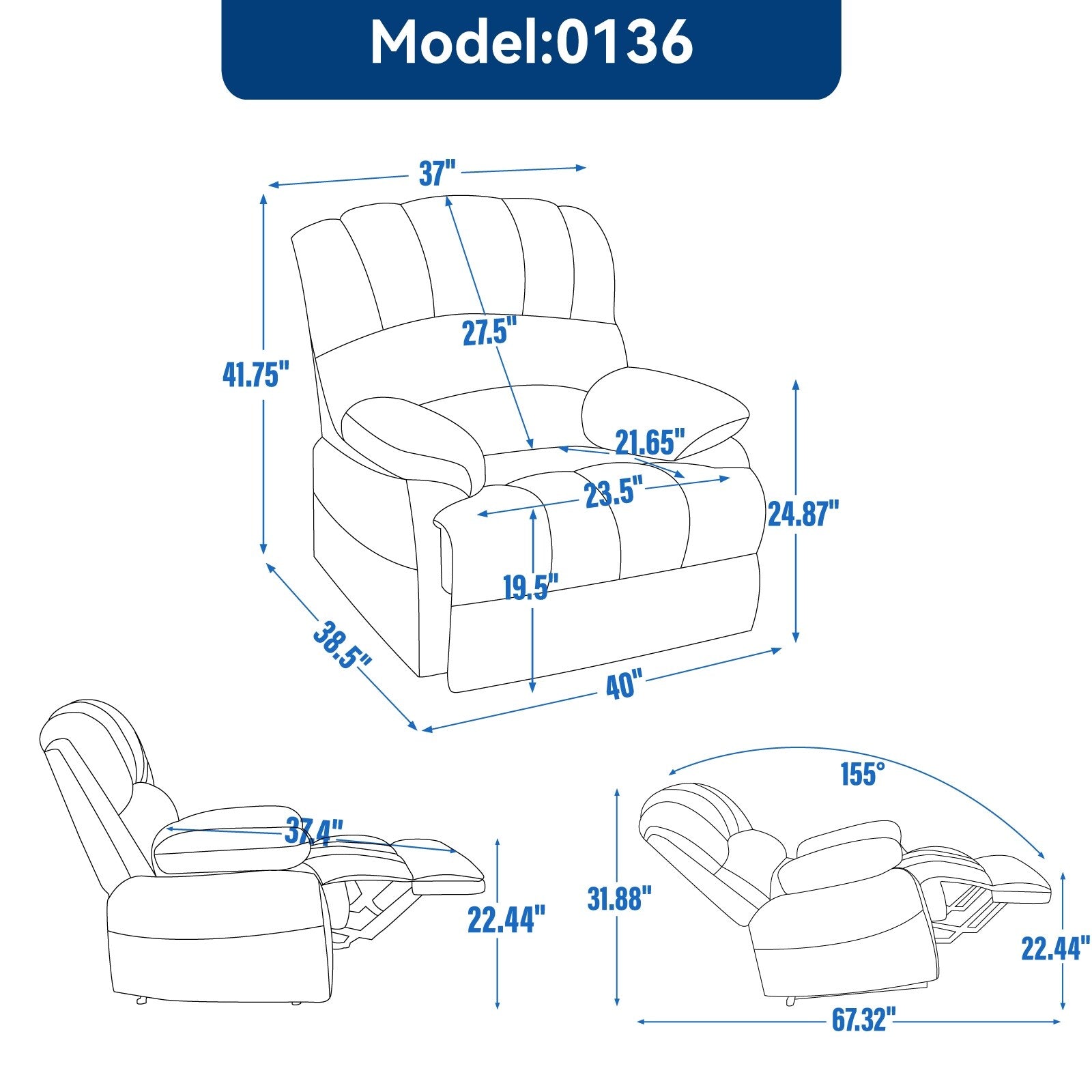 Grand fauteuil inclinable manuel pour adulte, canapé inclinable simple en tissu confortable, fauteuil inclinable rembourré pour salon