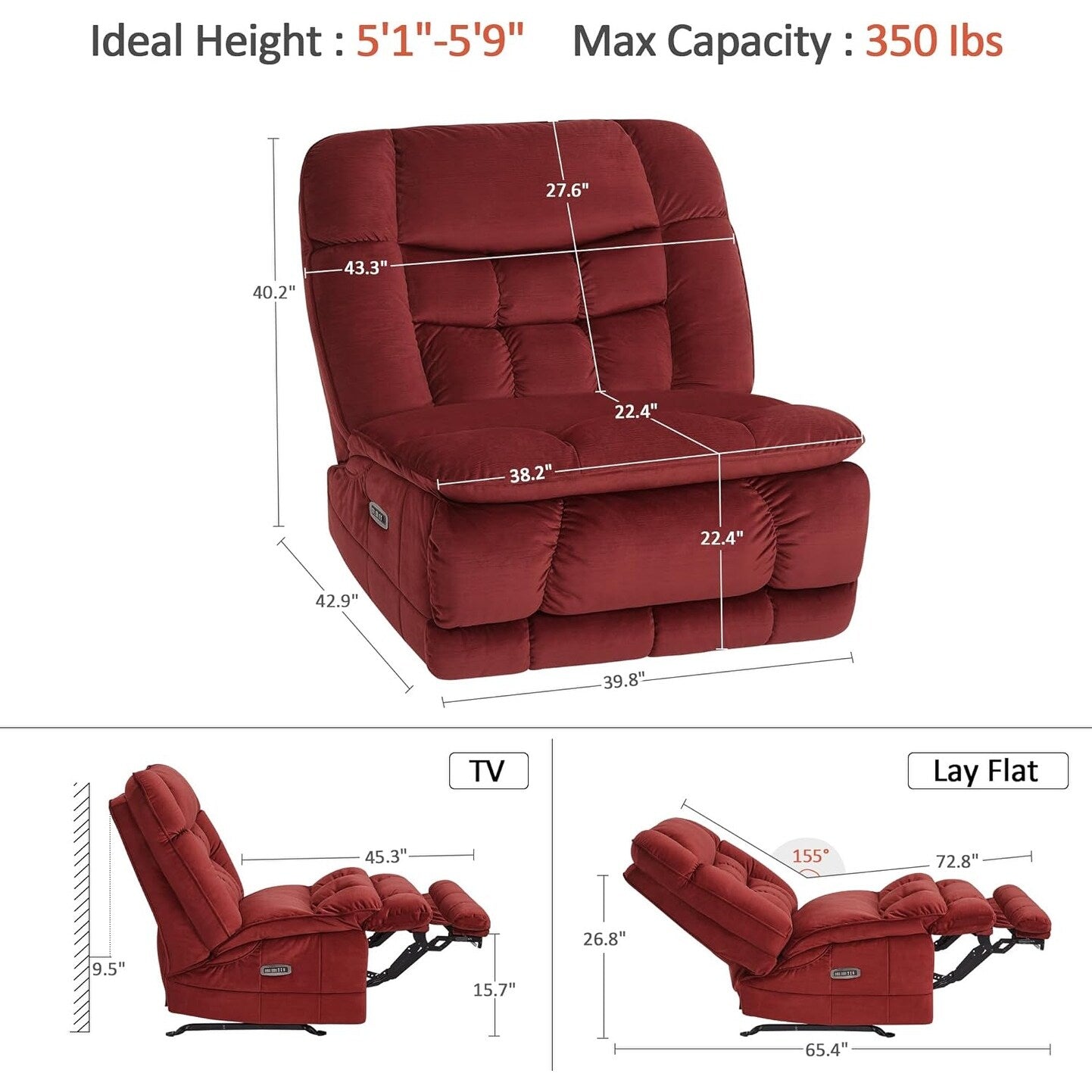 Fauteuil inclinable à bascule électrique surdimensionné MCombo à double moteur, sans accoudoirs, idéal pour le salon, tissu PR607