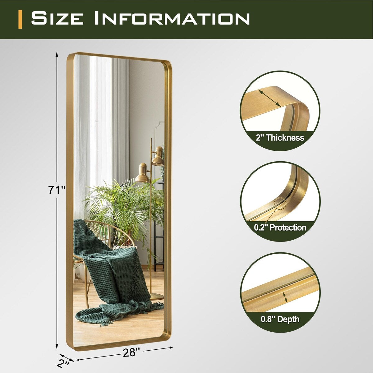 Miroir mural rectangulaire profond en alliage d'aluminium moderne - 71 x 28 cm
