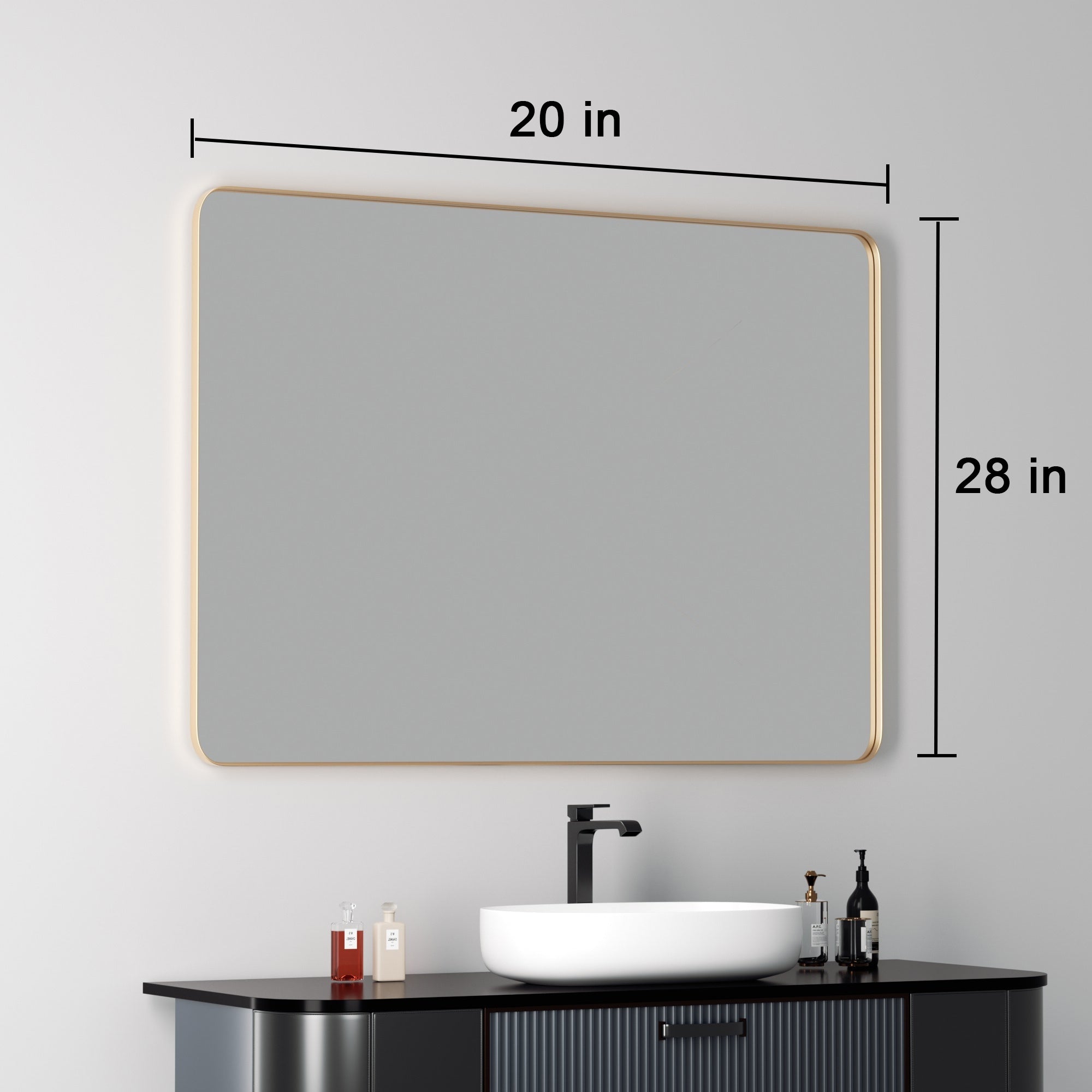 Miroir mural moderne, miroir rectangulaire avec cadre en métal, miroir de salle de bain avec miroir de courtoisie d'angle rond pour vertical/horizontal