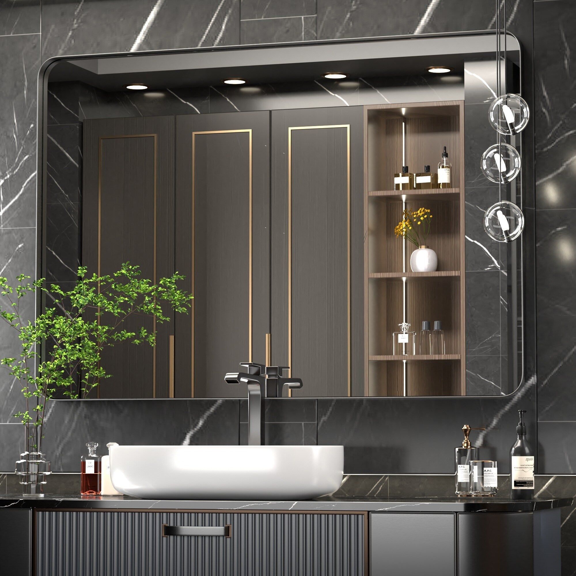 Miroir mural moderne, miroir rectangulaire avec cadre en métal, miroir de salle de bain avec miroir de courtoisie d'angle rond pour vertical/horizontal