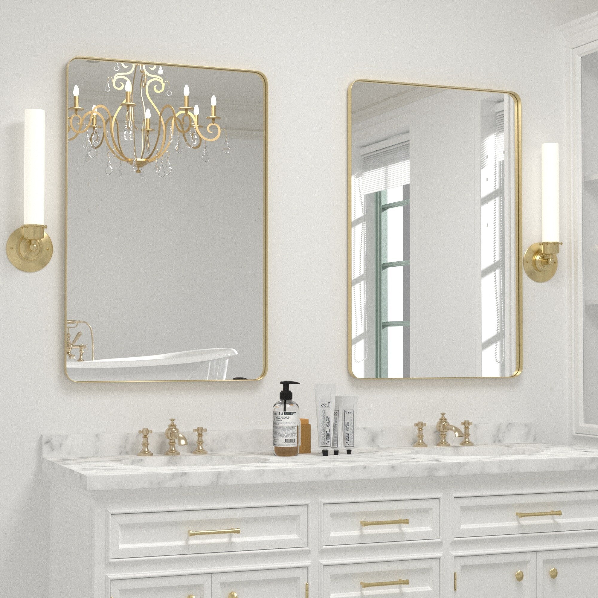 Miroir mural moderne, miroir rectangulaire avec cadre en métal, miroir de salle de bain avec miroir de courtoisie d'angle rond pour vertical/horizontal