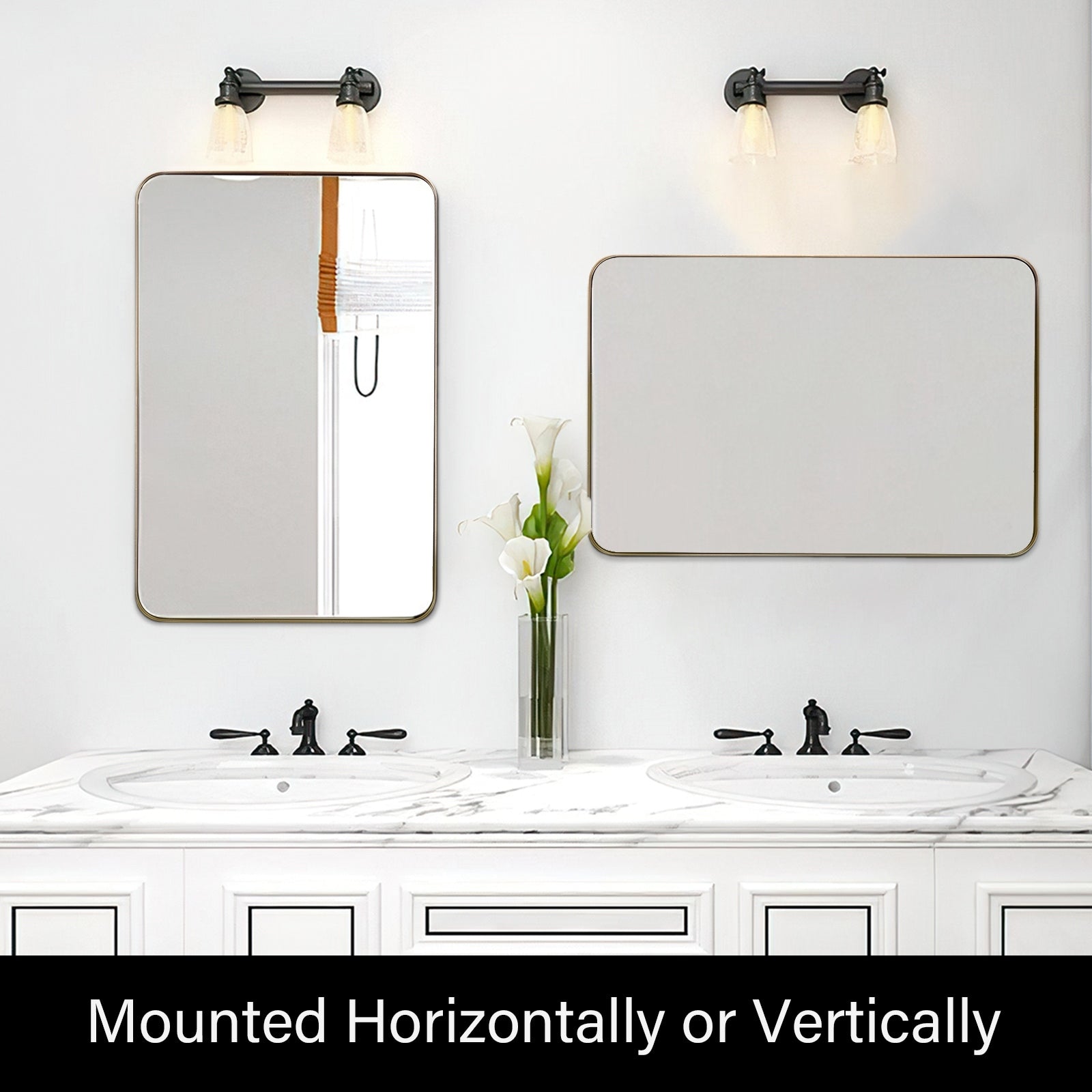 Miroir mural moderne, miroir rectangulaire avec cadre en métal, miroir de salle de bain avec miroir de courtoisie d'angle rond pour vertical/horizontal