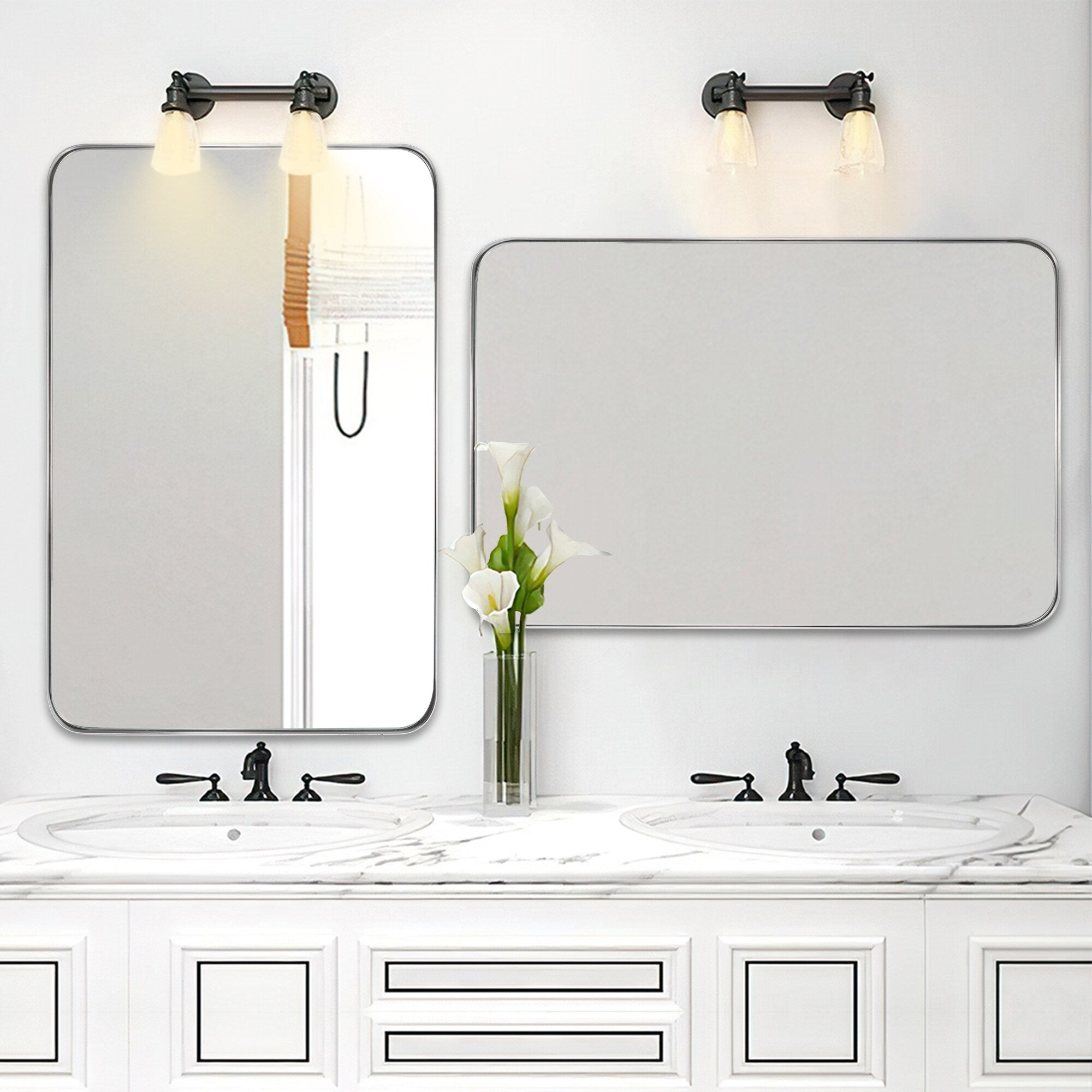 Miroir mural moderne, miroir rectangulaire avec cadre en métal, miroir de salle de bain avec miroir de courtoisie d'angle rond pour vertical/horizontal