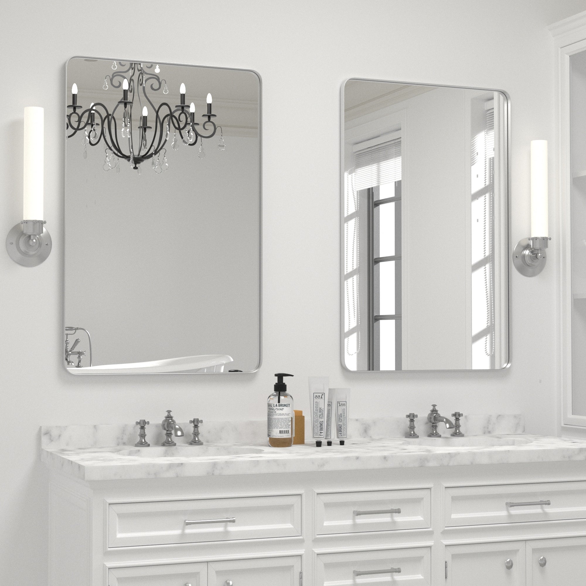 Miroir mural moderne, miroir rectangulaire avec cadre en métal, miroir de salle de bain avec miroir de courtoisie d'angle rond pour vertical/horizontal