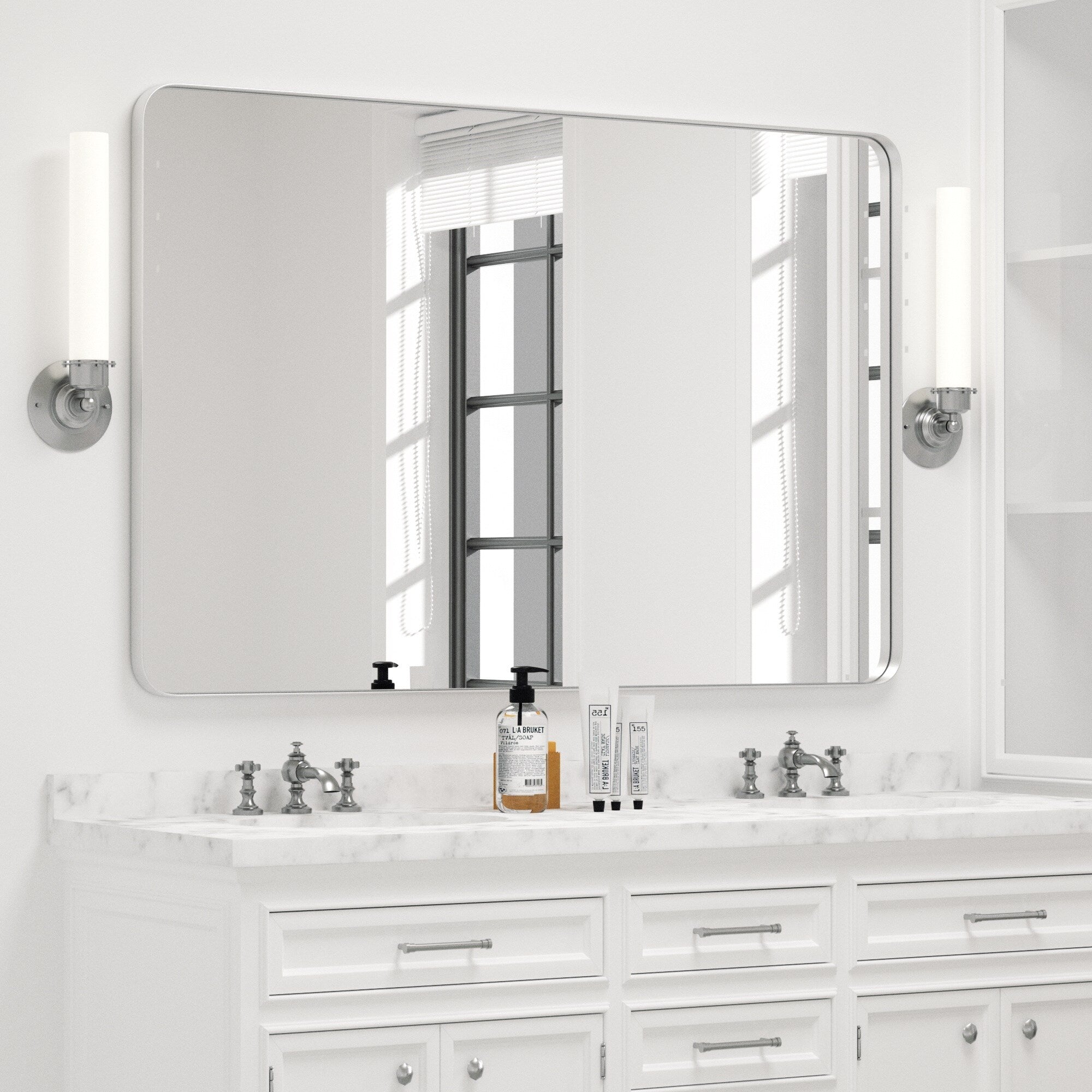 Miroir mural moderne, miroir rectangulaire avec cadre en métal, miroir de salle de bain avec miroir de courtoisie d'angle rond pour vertical/horizontal