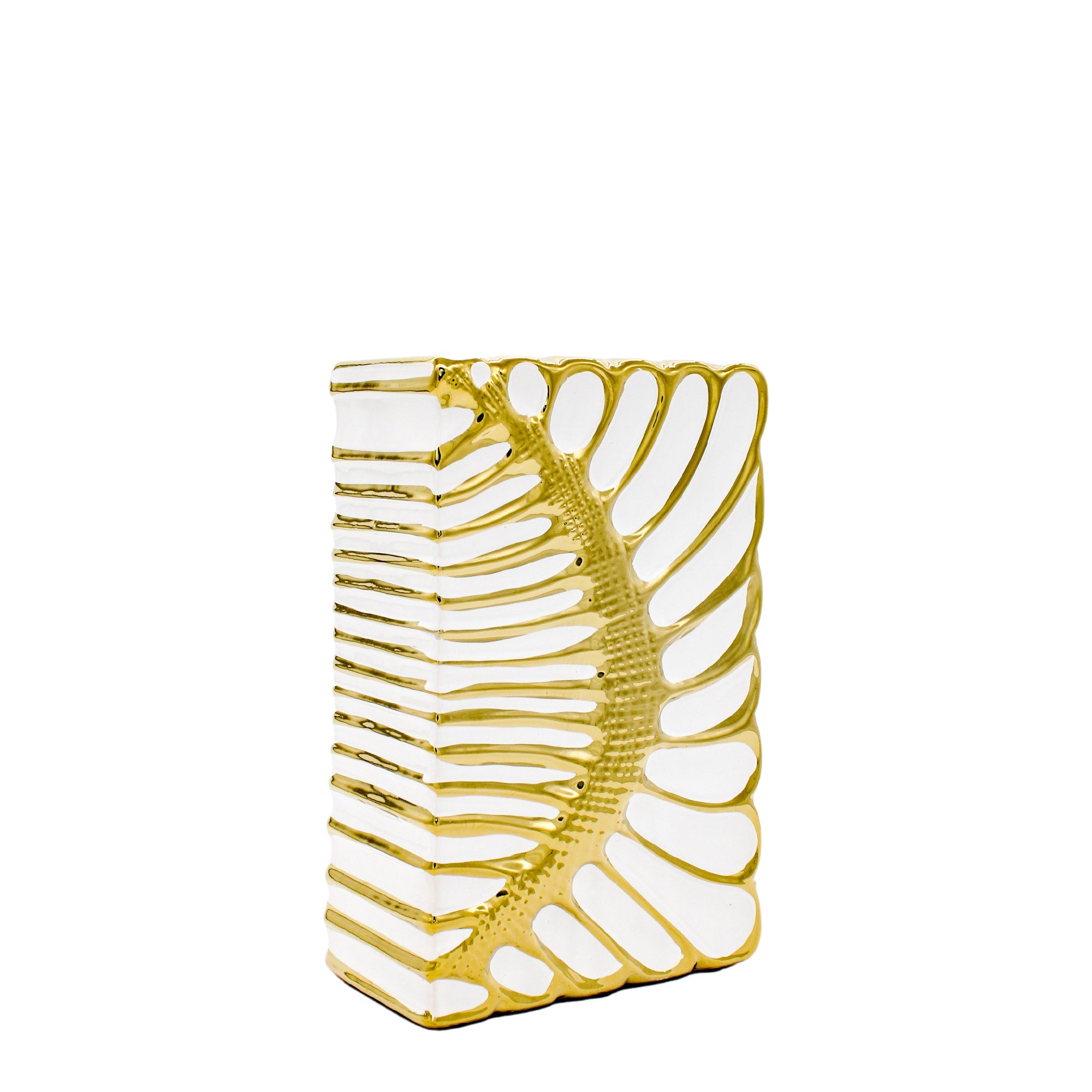Vase moyen en céramique blanche et dorée à motif en relief