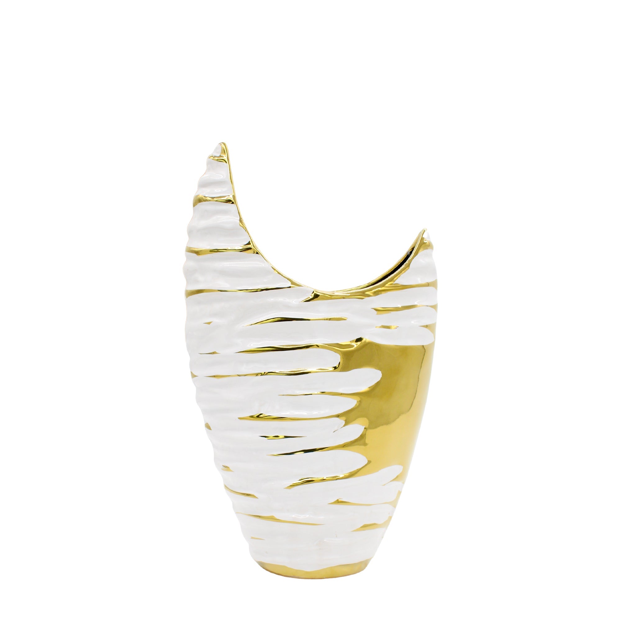 Vase en céramique texturé blanc et doré avec détails incurvés en croissant