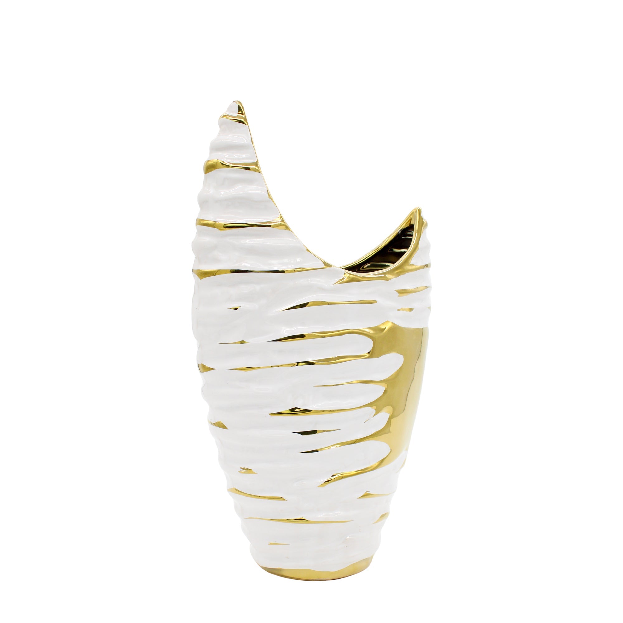 Vase en céramique texturé blanc et doré avec détails incurvés en croissant