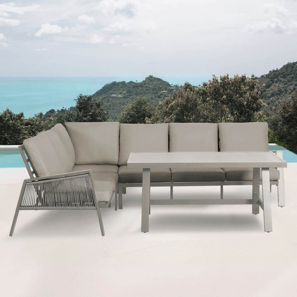 Ensemble de salle à manger 6 places en aluminium beige Sicile avec canapé d'angle et coussins beiges