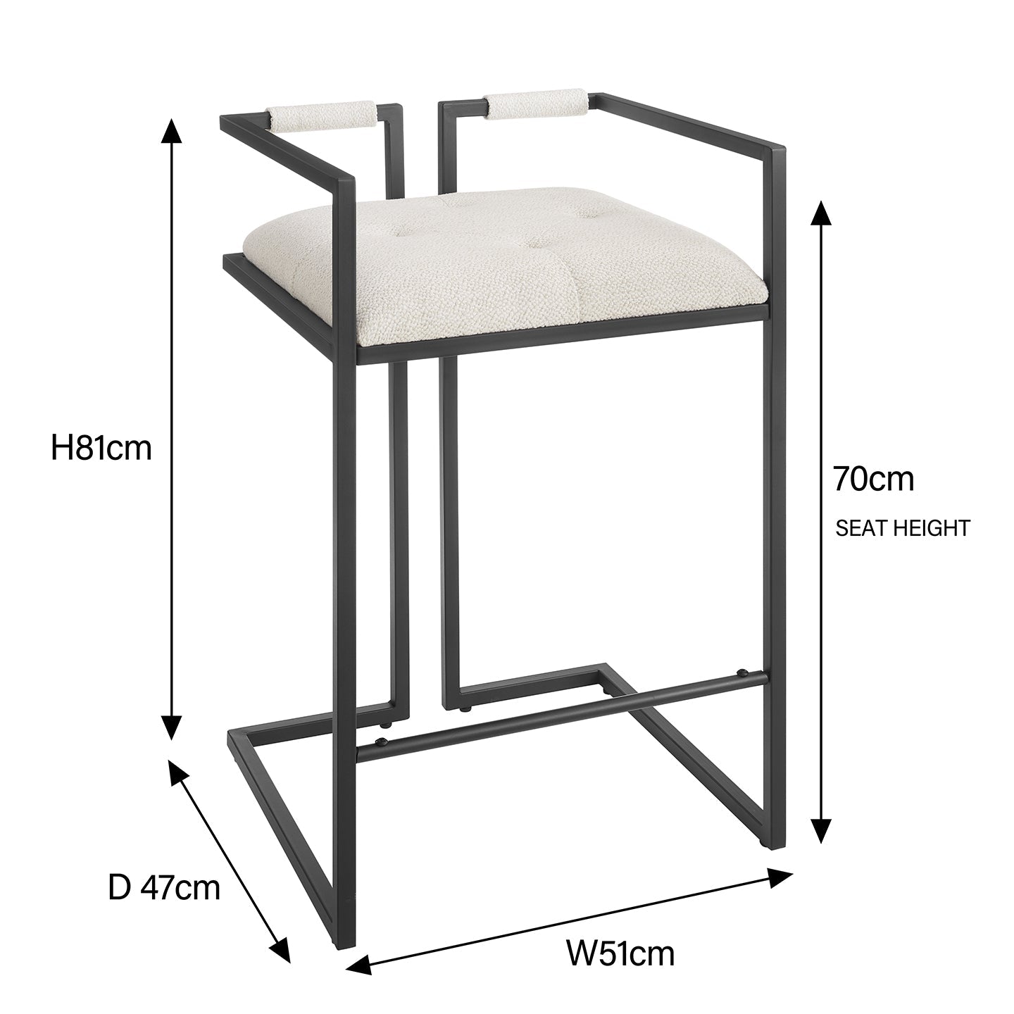 Tabouret de bar moderne Cassie en tissu ivoire et cadre noir