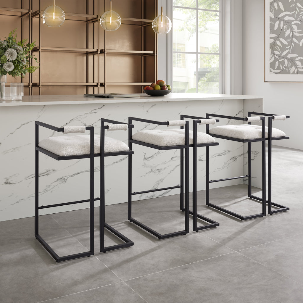 Tabouret de bar moderne Cassie en tissu ivoire et cadre noir
