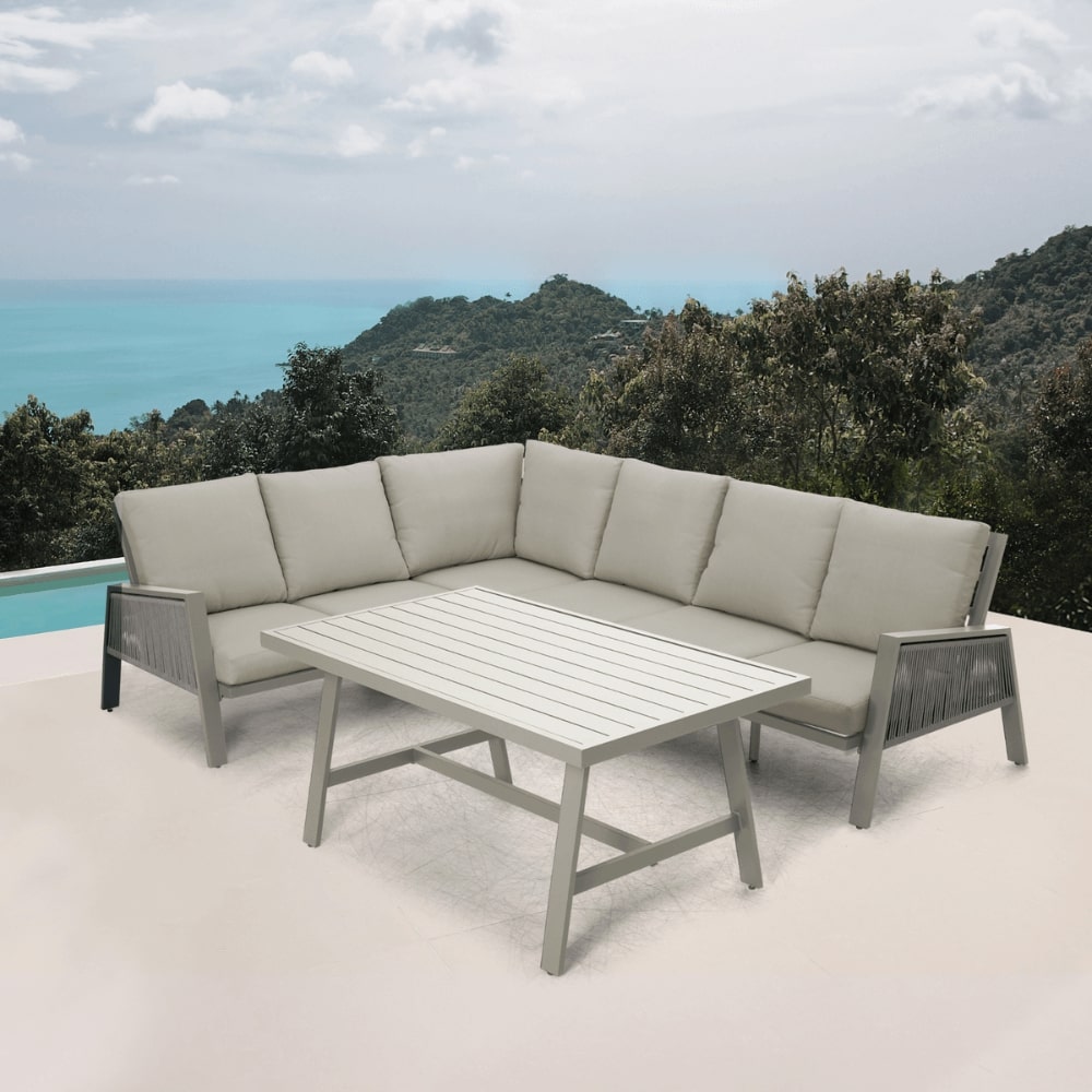Ensemble de salle à manger 6 places en aluminium beige Sicile avec canapé d'angle et coussins beiges