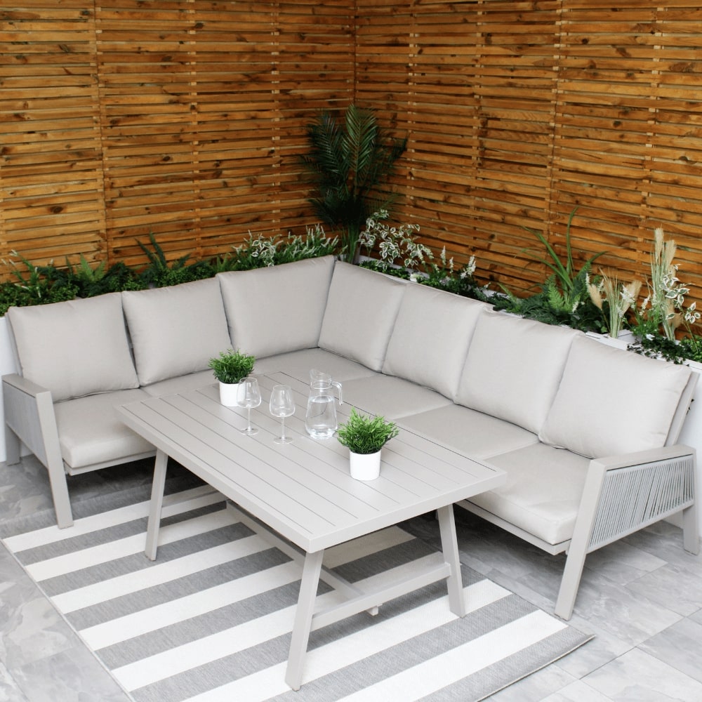 Ensemble de salle à manger 6 places en aluminium beige Sicile avec canapé d'angle et coussins beiges