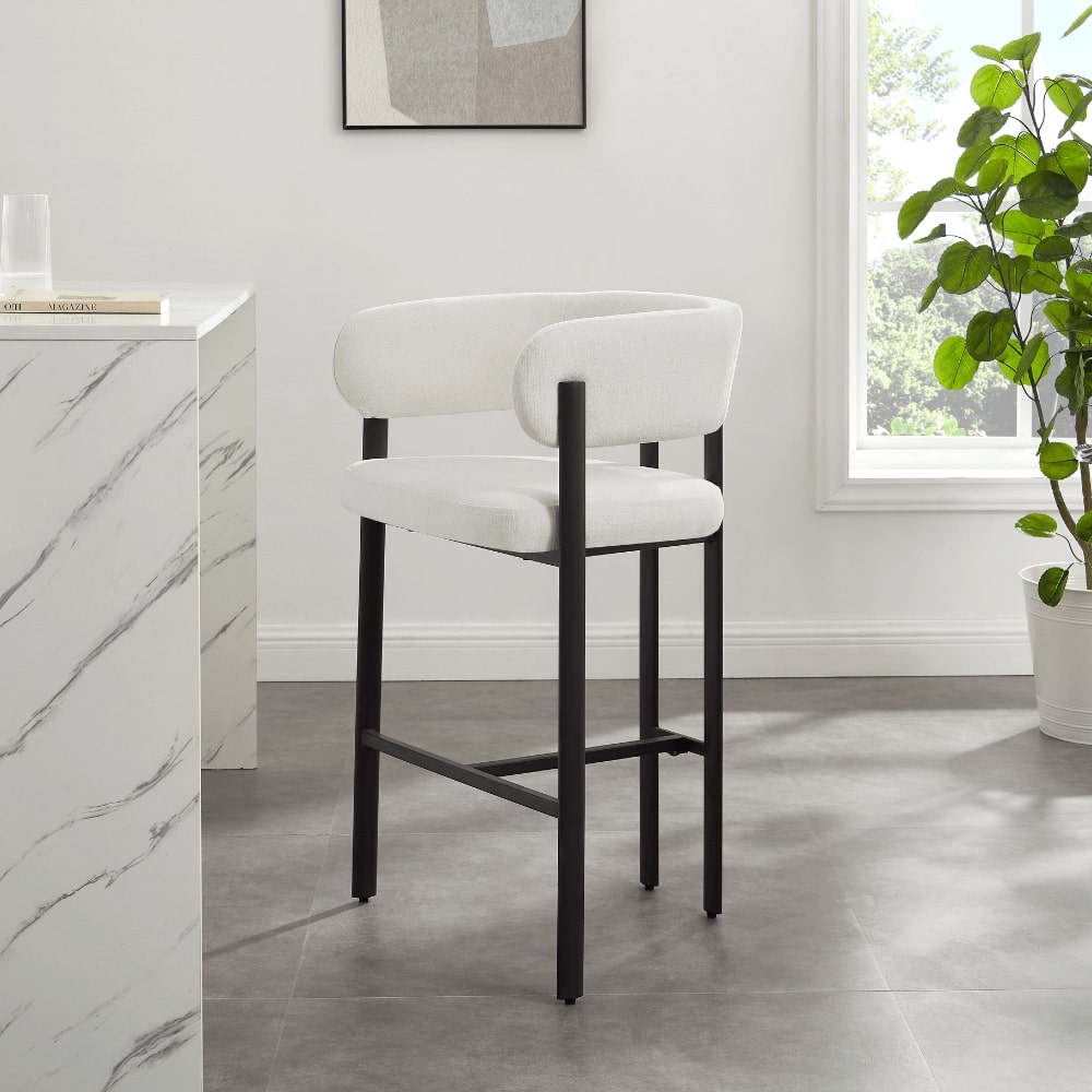 Tabouret de bar courbé Elle en lin ivoire avec cadre en métal noir