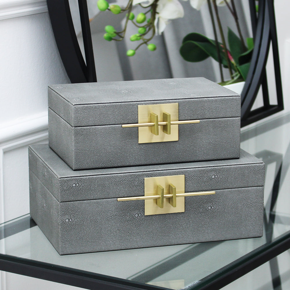 Coffret de rangement en similicuir gris avec accents dorés