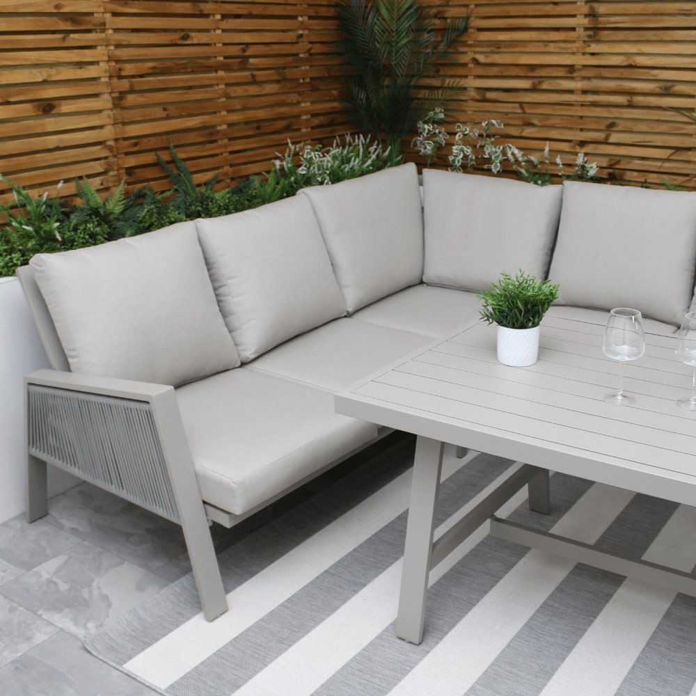 Ensemble de salle à manger 6 places en aluminium beige Sicile avec canapé d'angle et coussins beiges