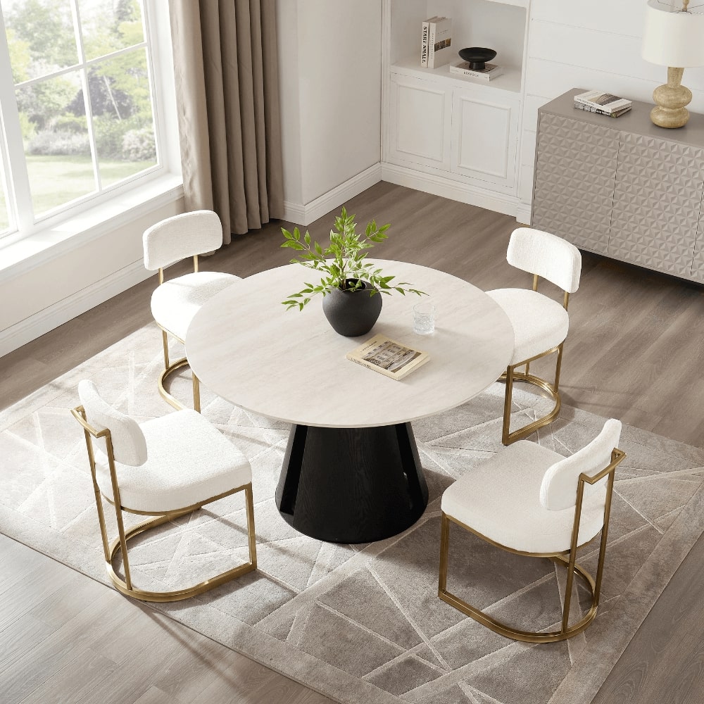 Ensemble de salle à manger rond Maya en céramique crème clair avec 6 chaises Rhea dorées