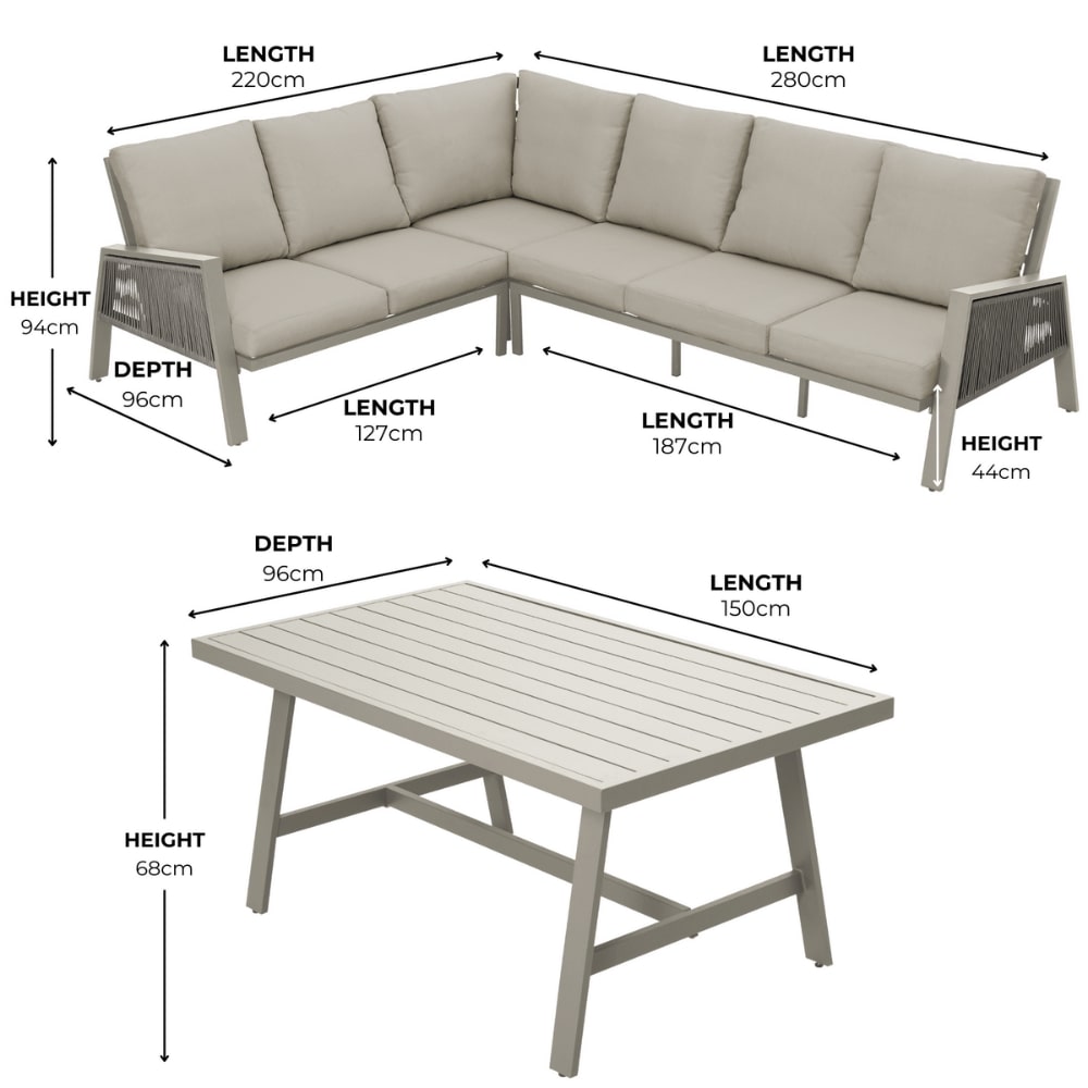 Ensemble de salle à manger 6 places en aluminium beige Sicile avec canapé d'angle et coussins beiges