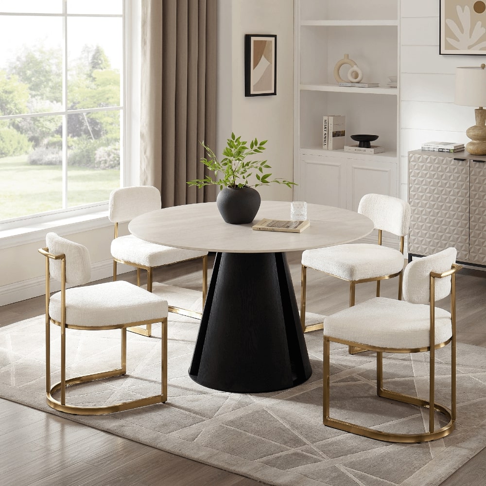 Ensemble de salle à manger rond Maya en céramique crème clair avec 6 chaises Rhea dorées