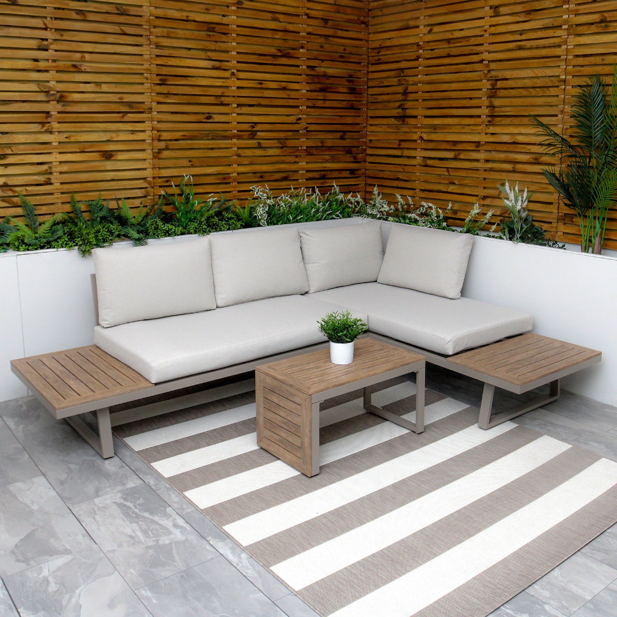 Ensemble de jardin avec canapé d'angle modulable 4 places en aluminium beige Milan