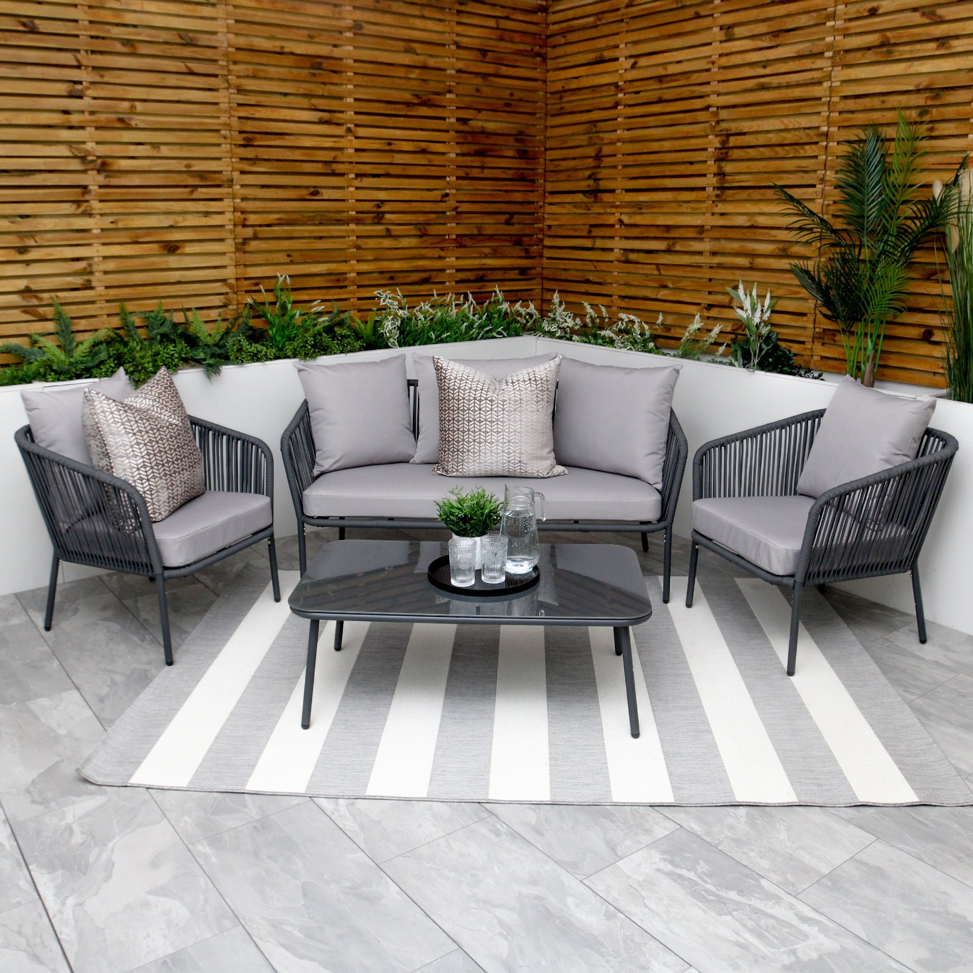 Ensemble canapé et table basse 5 places Turin gris avec cadre en aluminium tressé