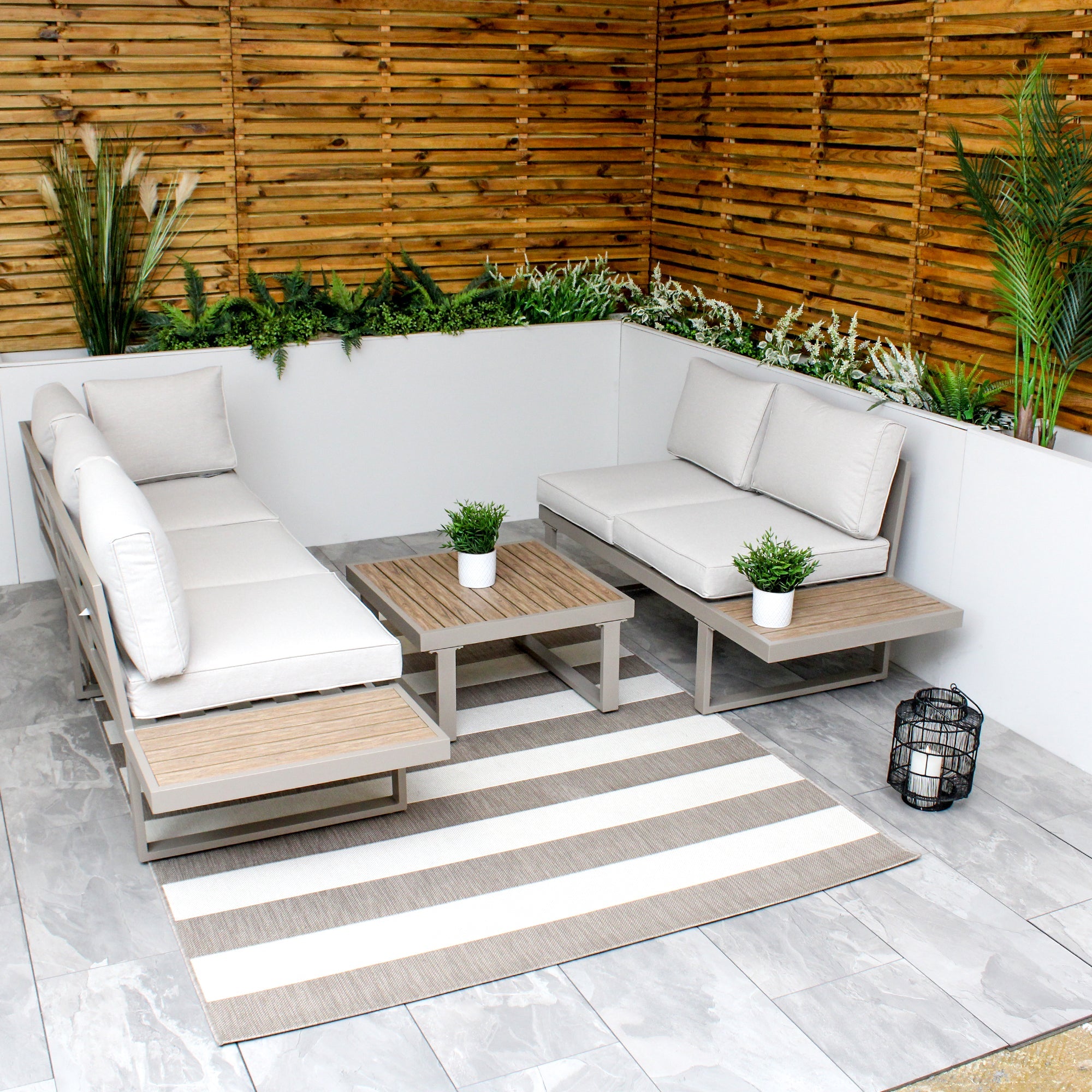 Ensemble de salon avec canapé d'angle modulaire 5 places en aluminium beige Milan