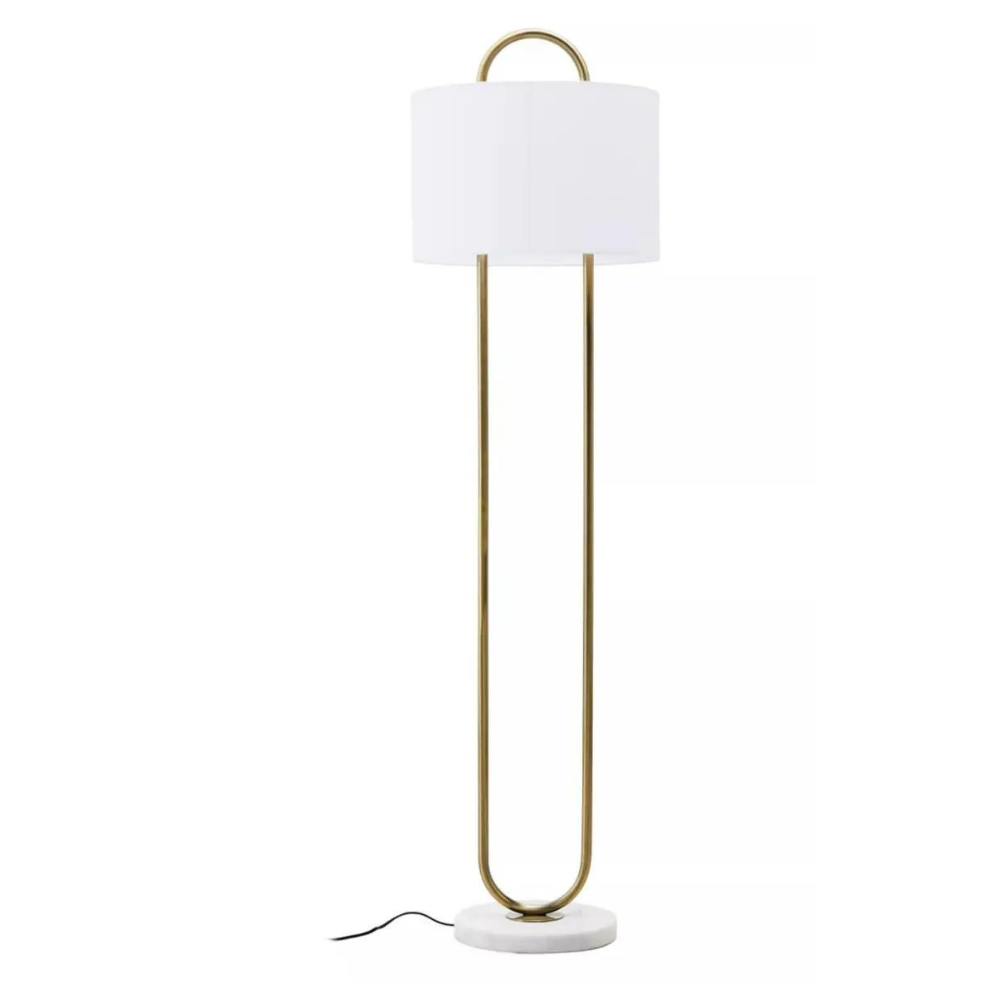 Lampadaire Loop en métal doré avec abat-jour rond blanc