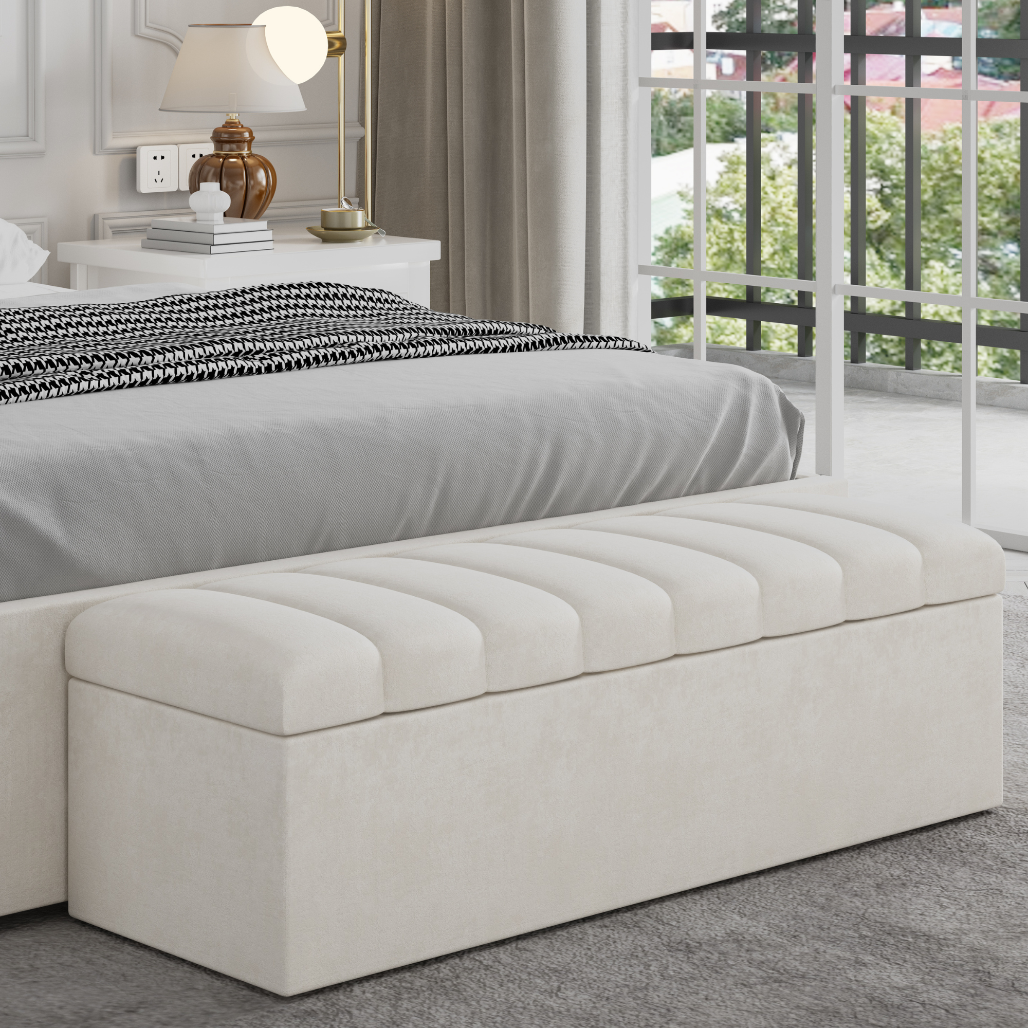 Banc de rangement ottoman en velours crème Leo