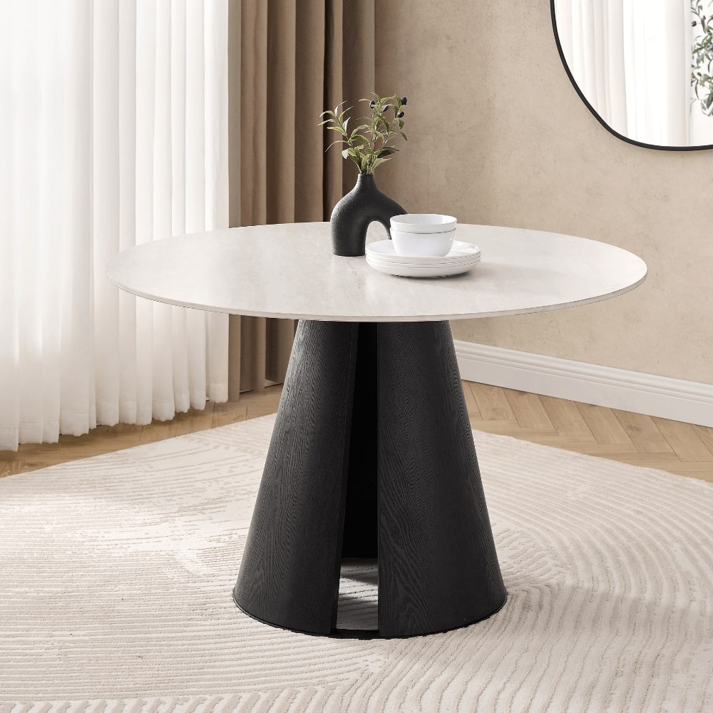 Ensemble de salle à manger rond Maya en céramique crème clair avec 6 chaises Rhea dorées