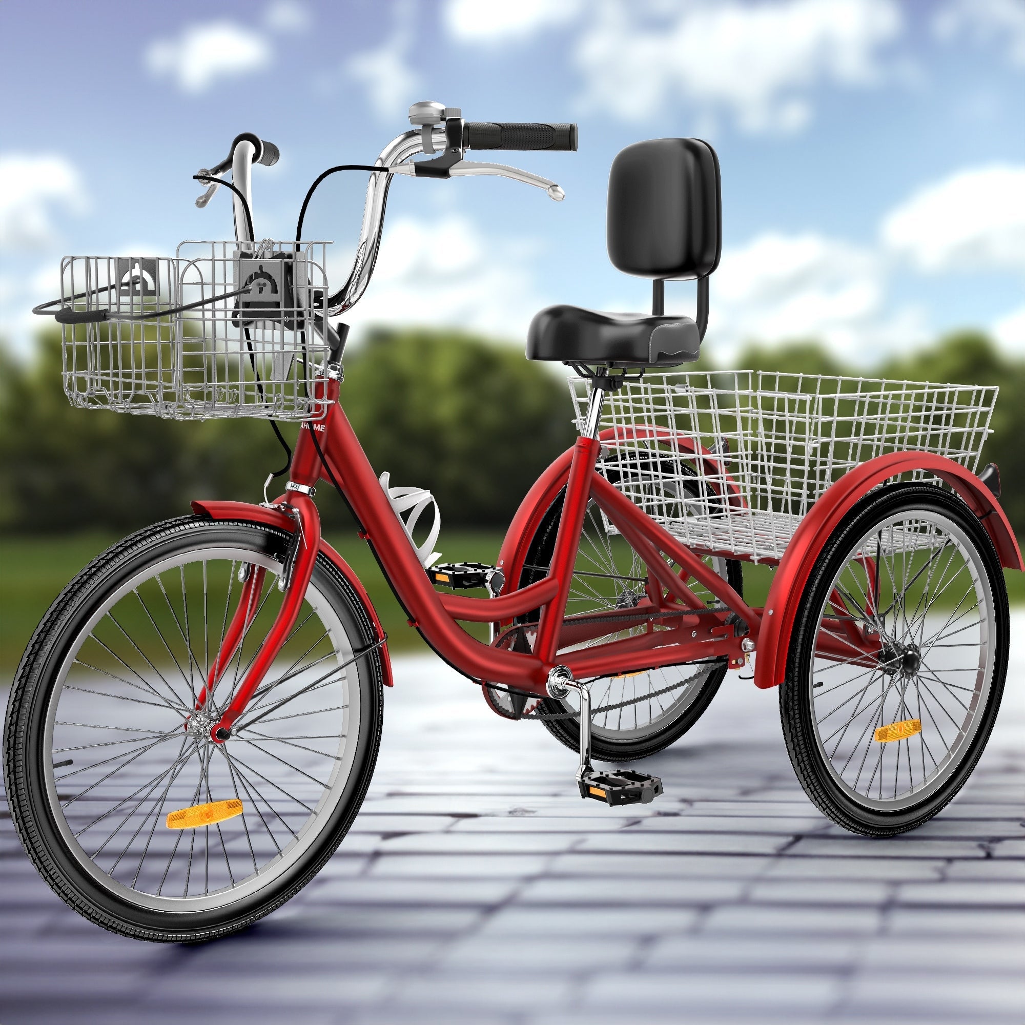 Tricycle bleu pour adulte, 26 vélos à 3 roues avec paniers amovibles