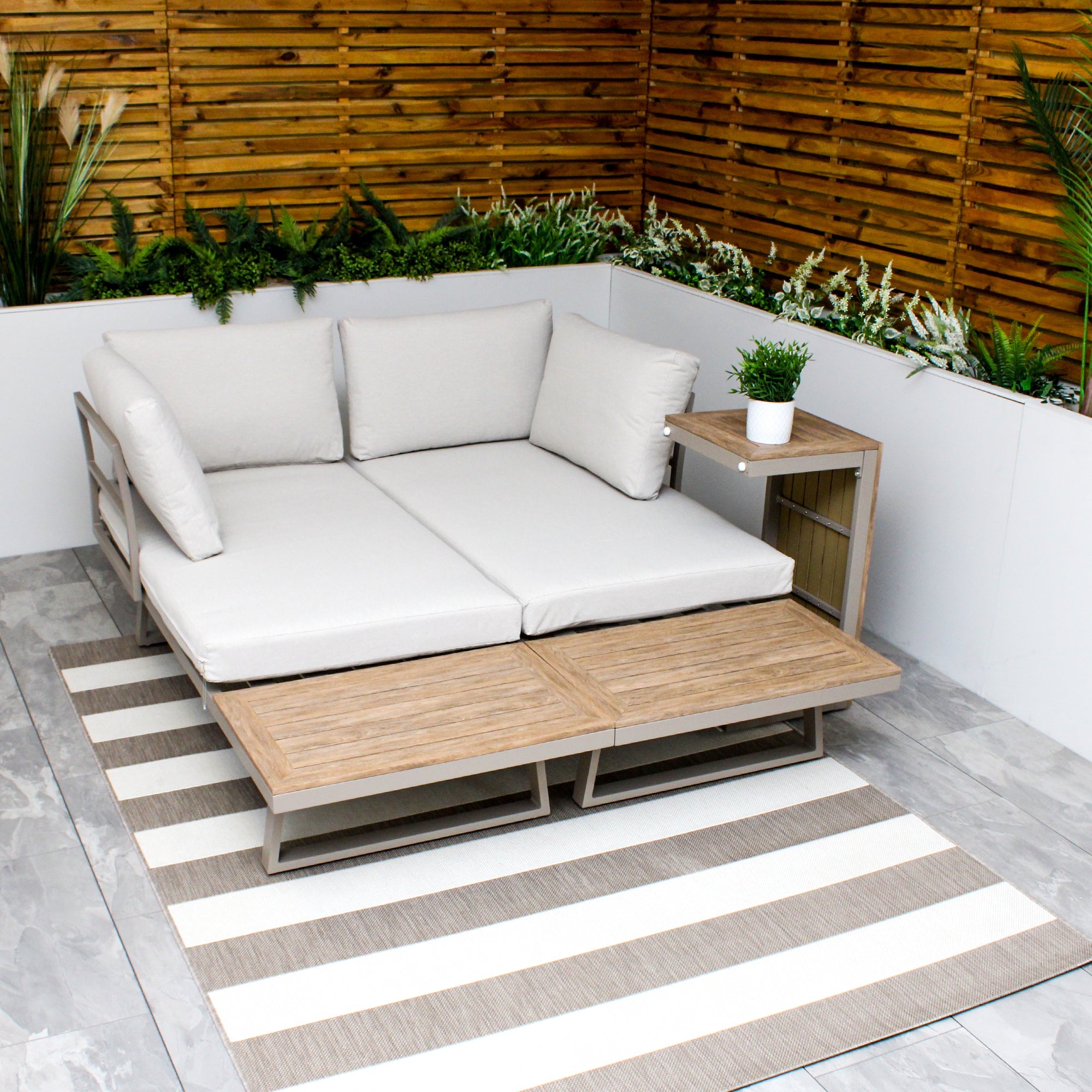 Ensemble de jardin avec canapé d'angle modulable 4 places en aluminium beige Milan