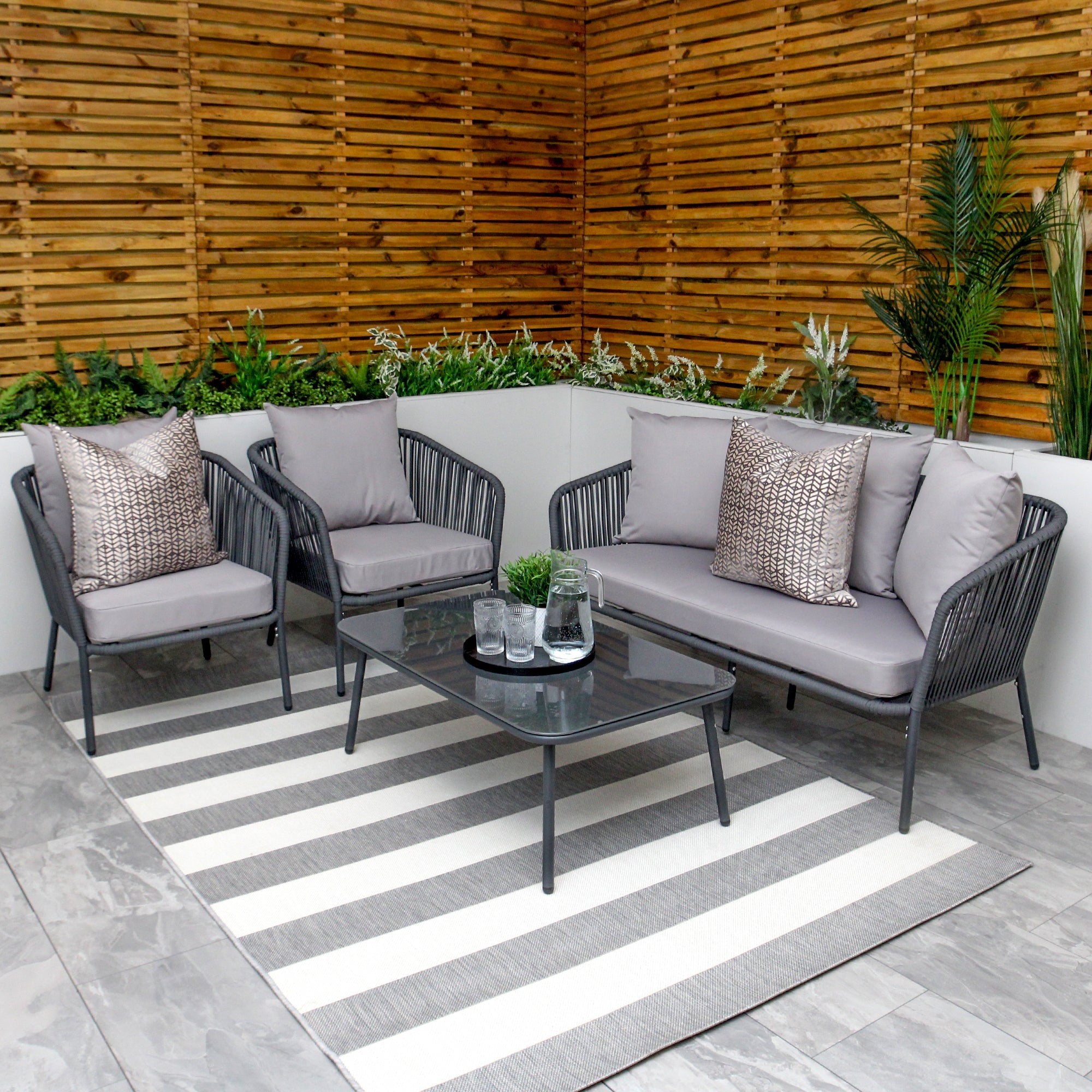 Ensemble canapé et table basse 5 places Turin gris avec cadre en aluminium tressé